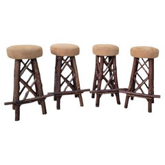 Set of Four Old Hickory Bar Stools w/ Leather Top -Set of Four