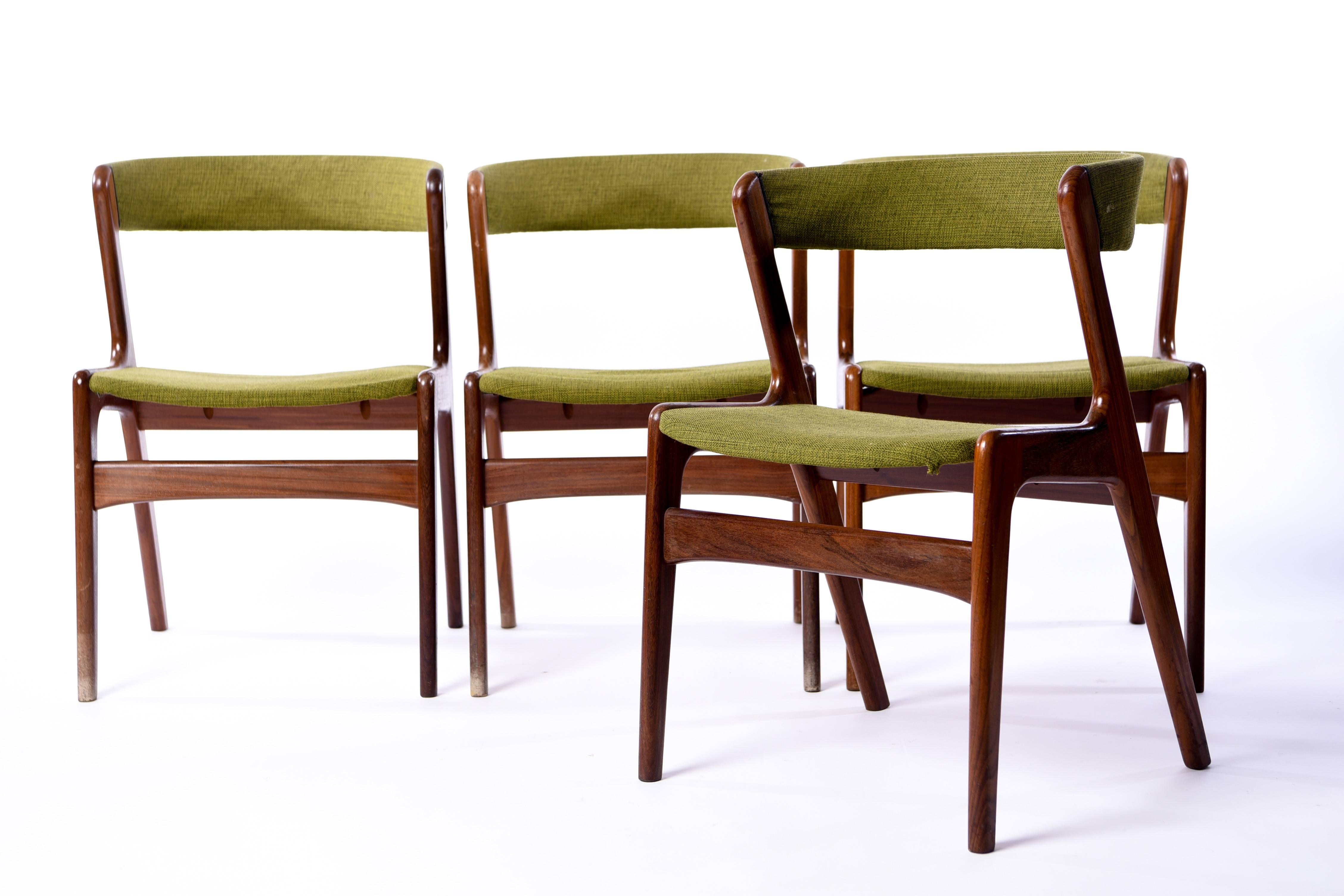 This set of four teak side or dining chairs was designed by Danish architect Oman Jr. in the 1960s. Similar design to his contemporary designer Kai Kristiansen.