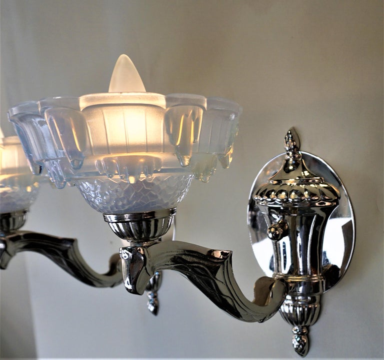 Set of Four Opalescent Glass Art Deco Wall Sconces by Ezan For Sale at