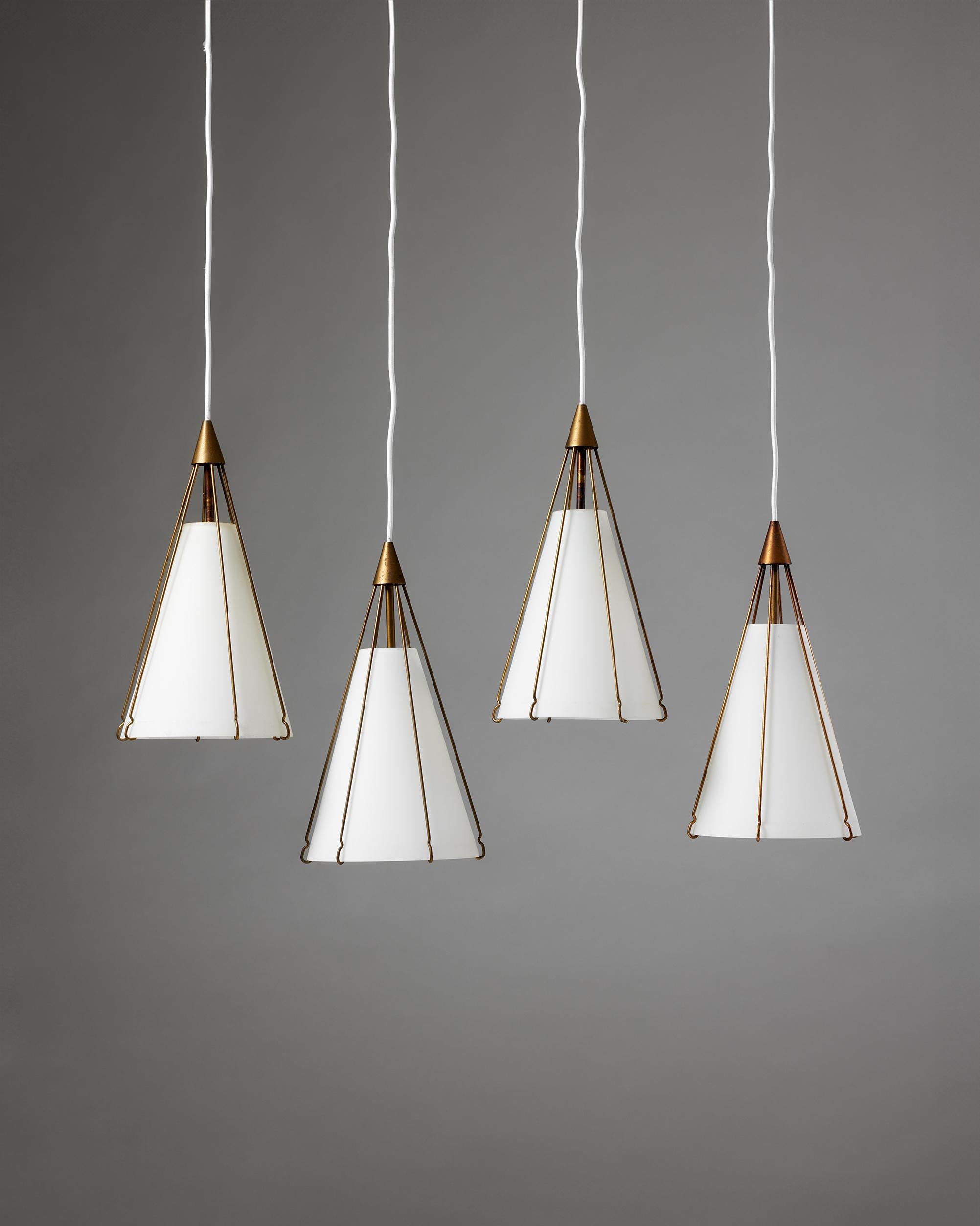 Mid-Century Modern Set of four Opaline glass and brass pendants, anonymous, for Lyfa, Denmark 1950s For Sale