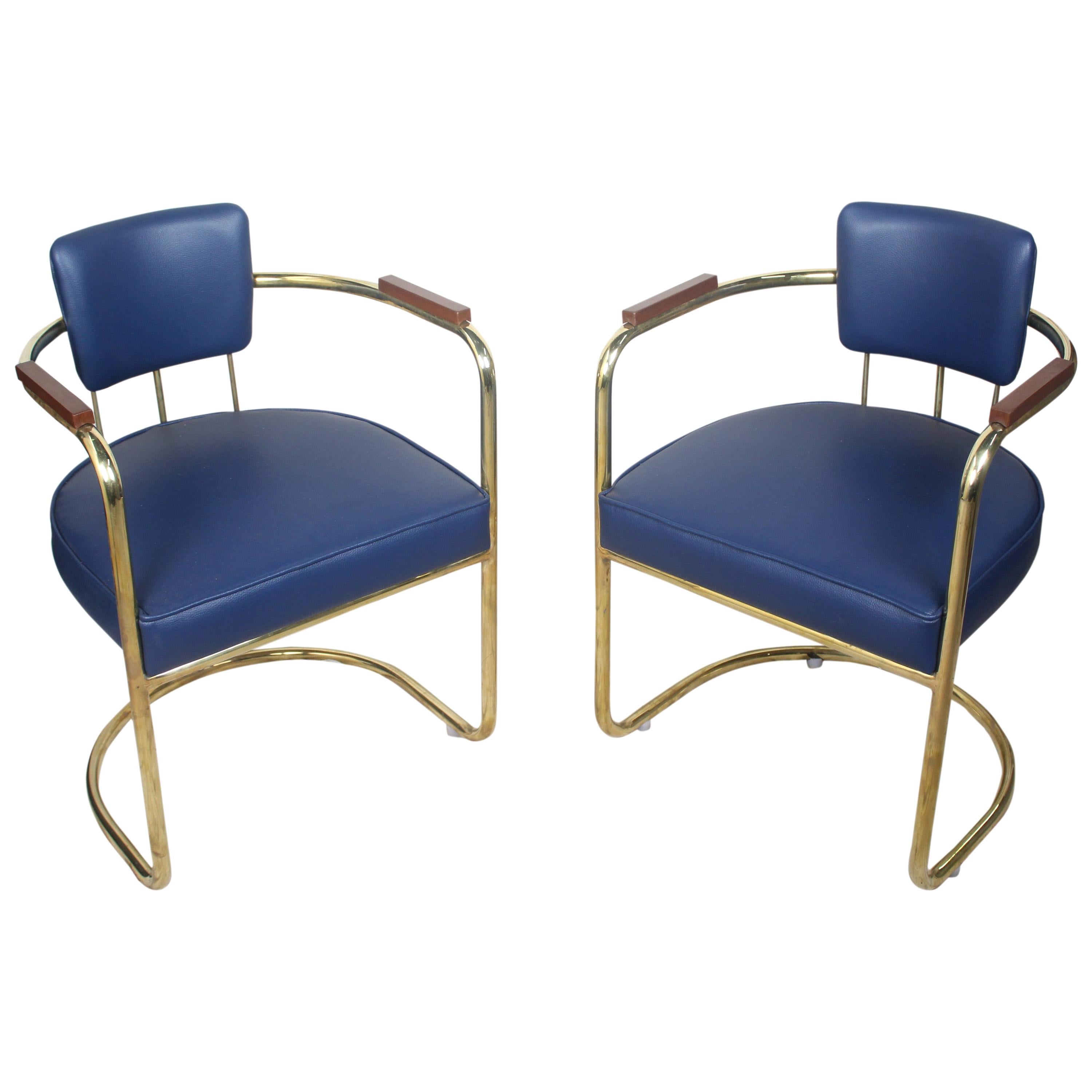 Pair of Brass Captains Chairs with Navy Blue Cushions