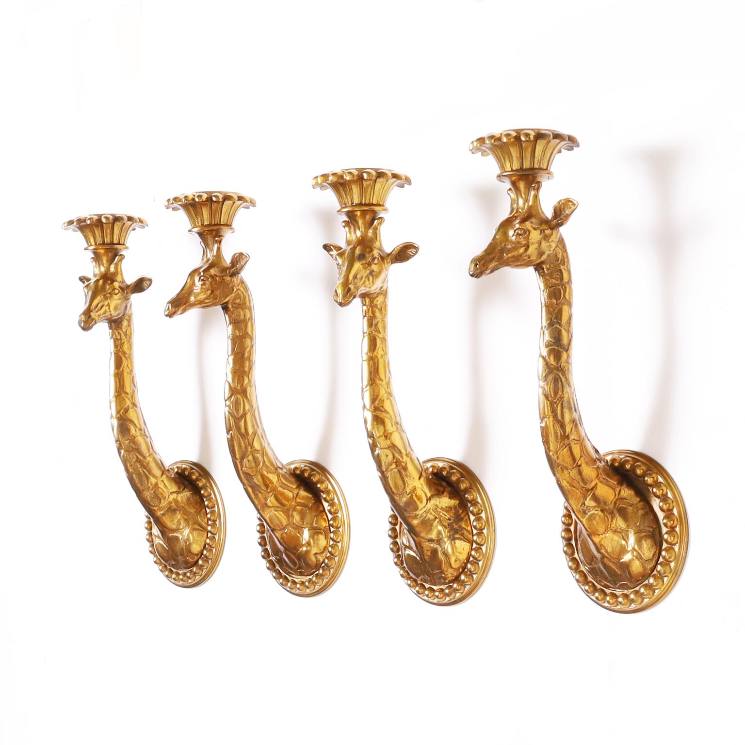 Mid-Century Modern Set of Four or Two Pairs of Gilt Bronze Giraffe Wall Sconces, Priced per Pair  For Sale