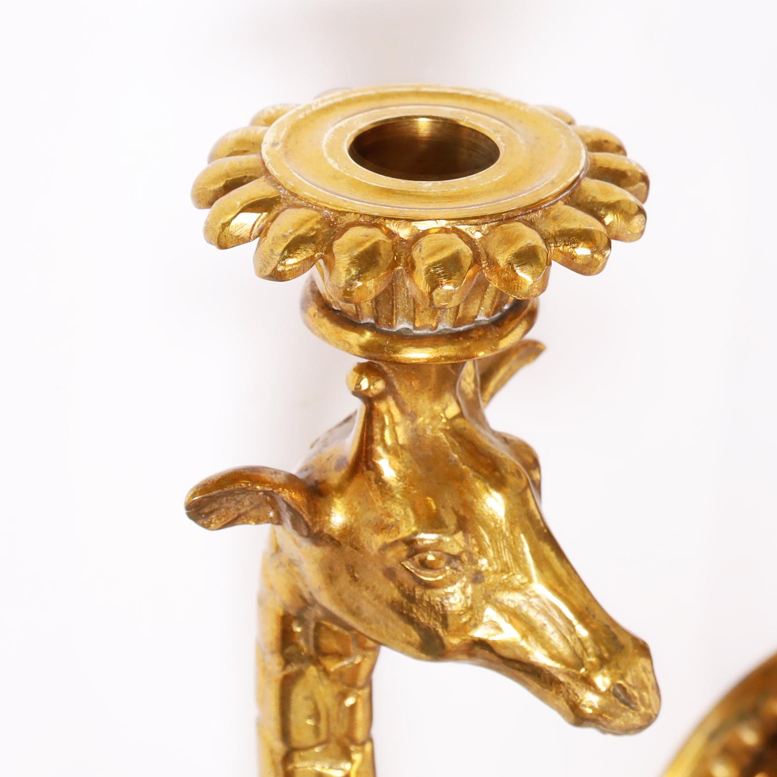 Set of Four or Two Pairs of Gilt Bronze Giraffe Wall Sconces, Priced per Pair  In Good Condition For Sale In Palm Beach, FL