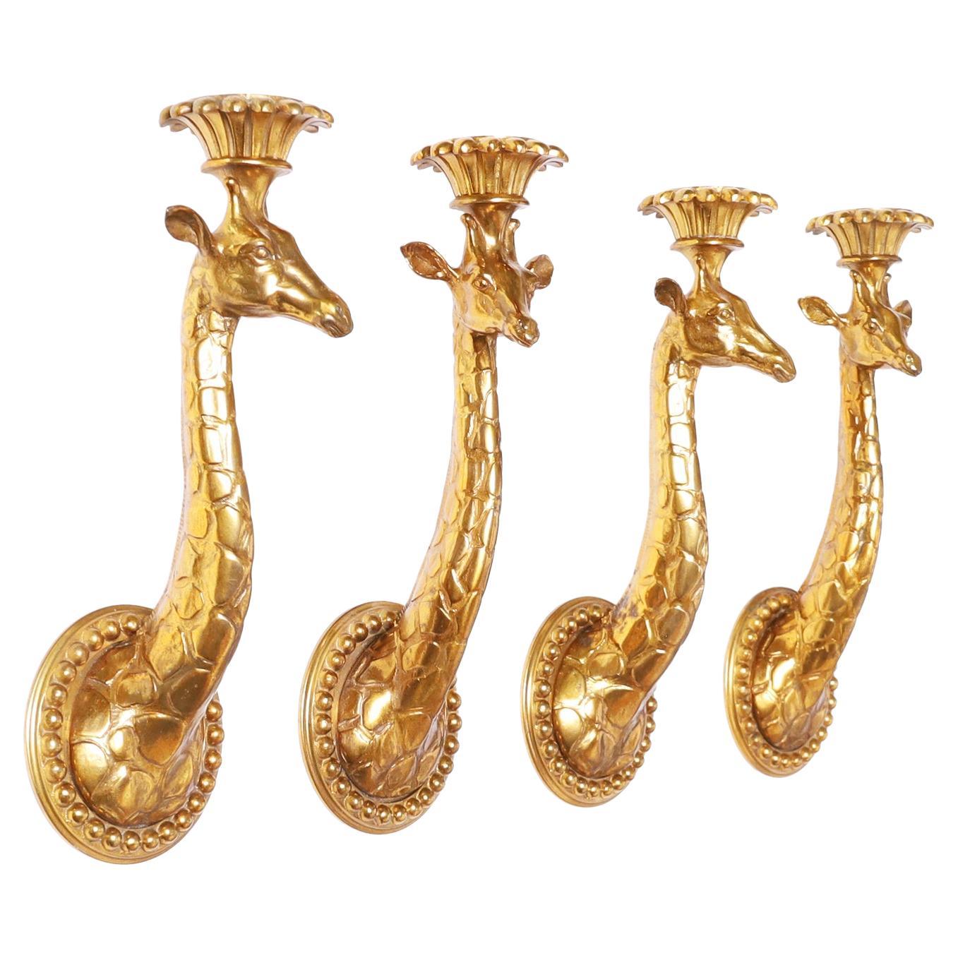 Set of Four or Two Pairs of Gilt Bronze Giraffe Wall Sconces, Priced per Pair  For Sale