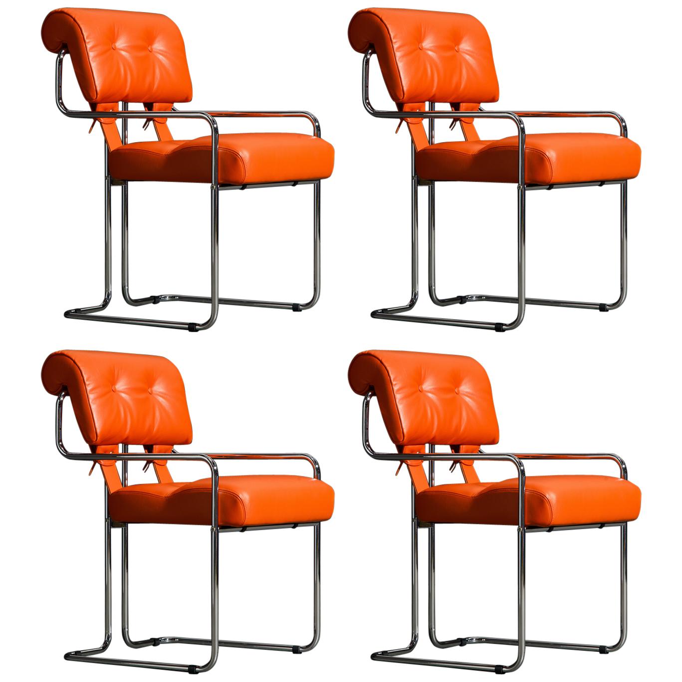 Set of Four Orange Leather Tucroma Chairs by Guido Faleschini for Mariani, New
