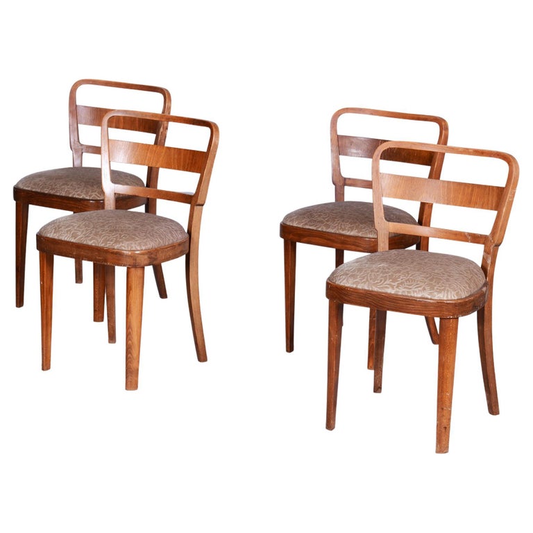 Set of Four Original Art Deco Chairs, Beech and Walnut, Czechia