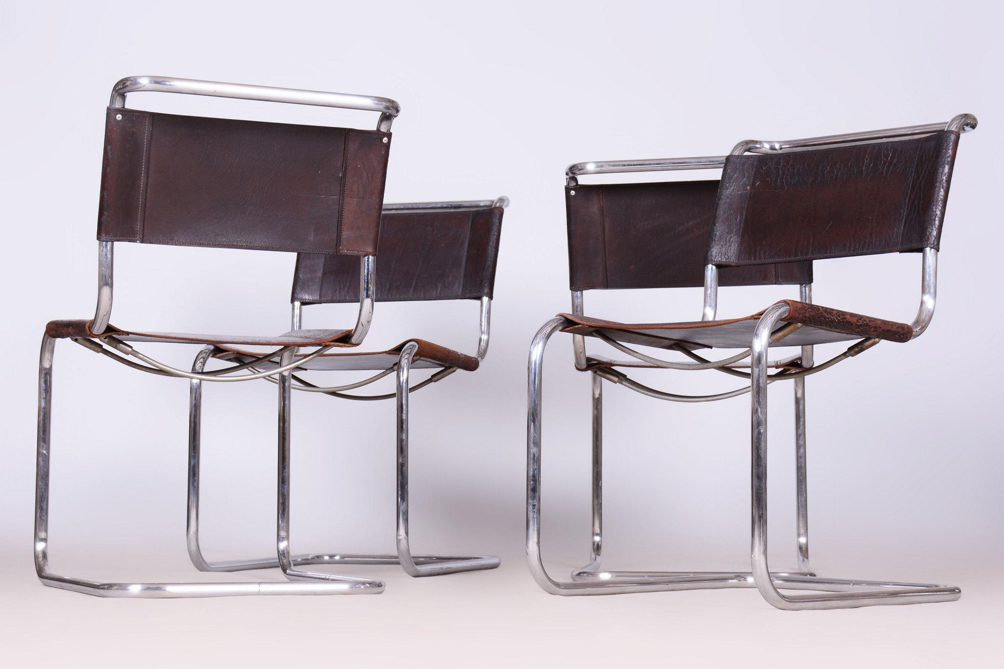 Satz von vier Original Bauhaus-Stühlen, echtes Leder, Chrom, Deutschland, 1930er Jahre im Angebot 6
