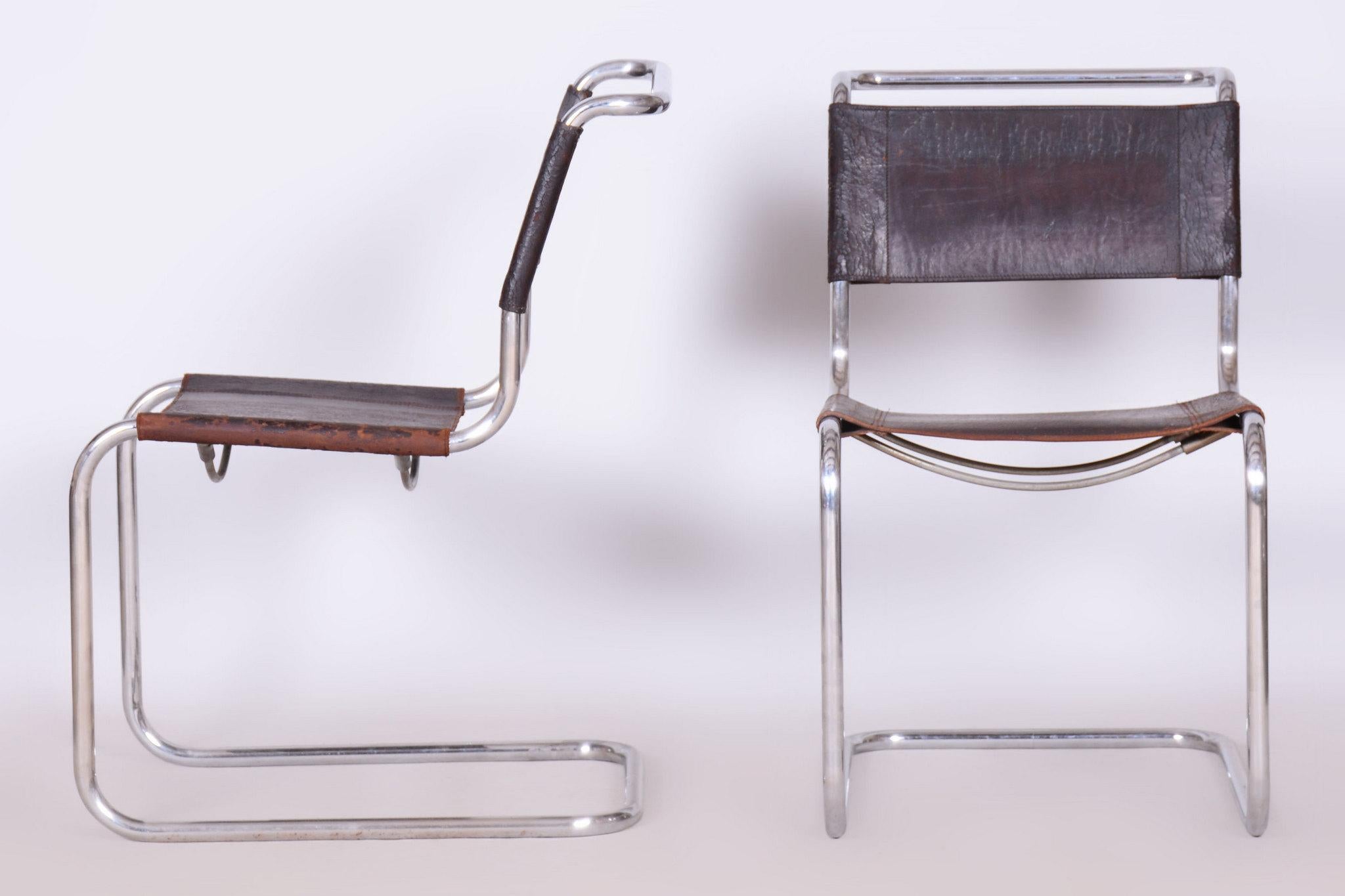 Satz von vier Original Bauhaus-Stühlen, echtes Leder, Chrom, Deutschland, 1930er Jahre im Angebot 7