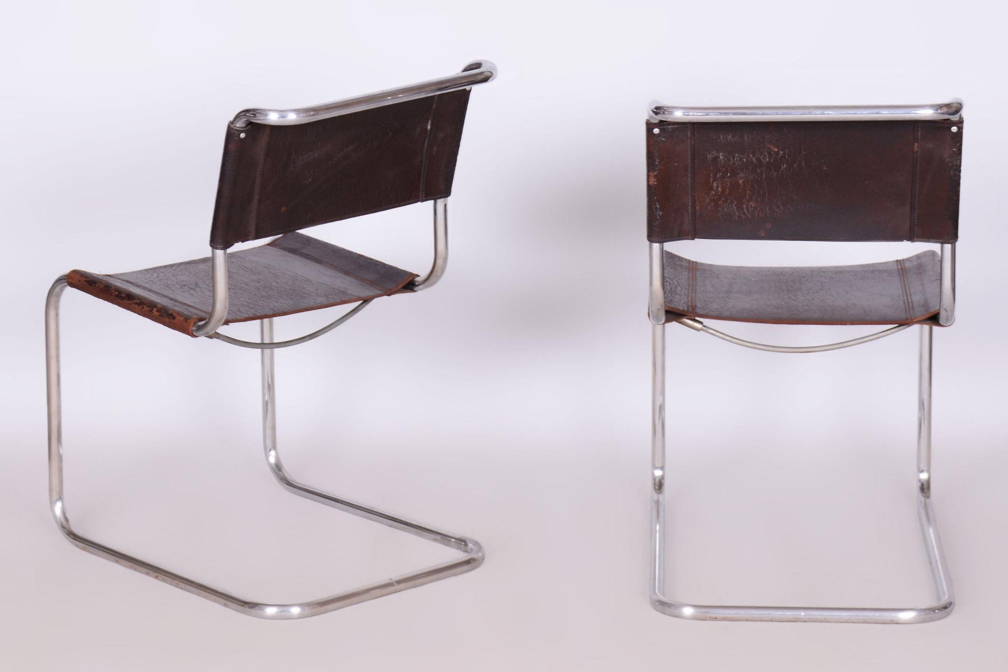 Satz von vier Original Bauhaus-Stühlen, echtes Leder, Chrom, Deutschland, 1930er Jahre im Angebot 8