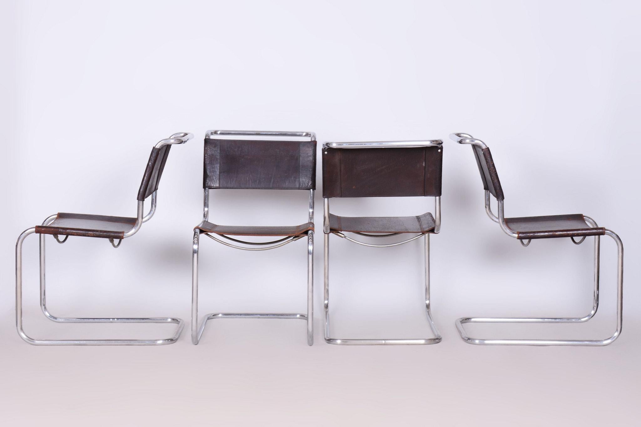 Satz von vier Original Bauhaus-Stühlen, echtes Leder, Chrom, Deutschland, 1930er Jahre im Zustand „Gut“ im Angebot in Brandys nad Labem, Středočeský kraj