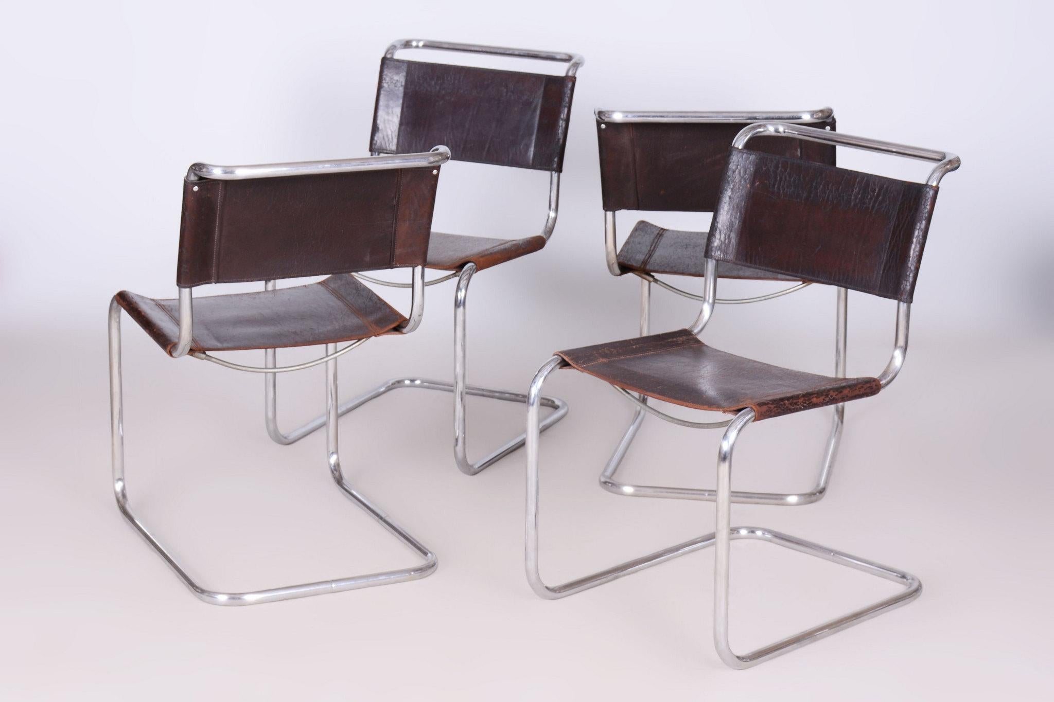 Satz von vier Original Bauhaus-Stühlen, echtes Leder, Chrom, Deutschland, 1930er Jahre (Mitte des 20. Jahrhunderts) im Angebot