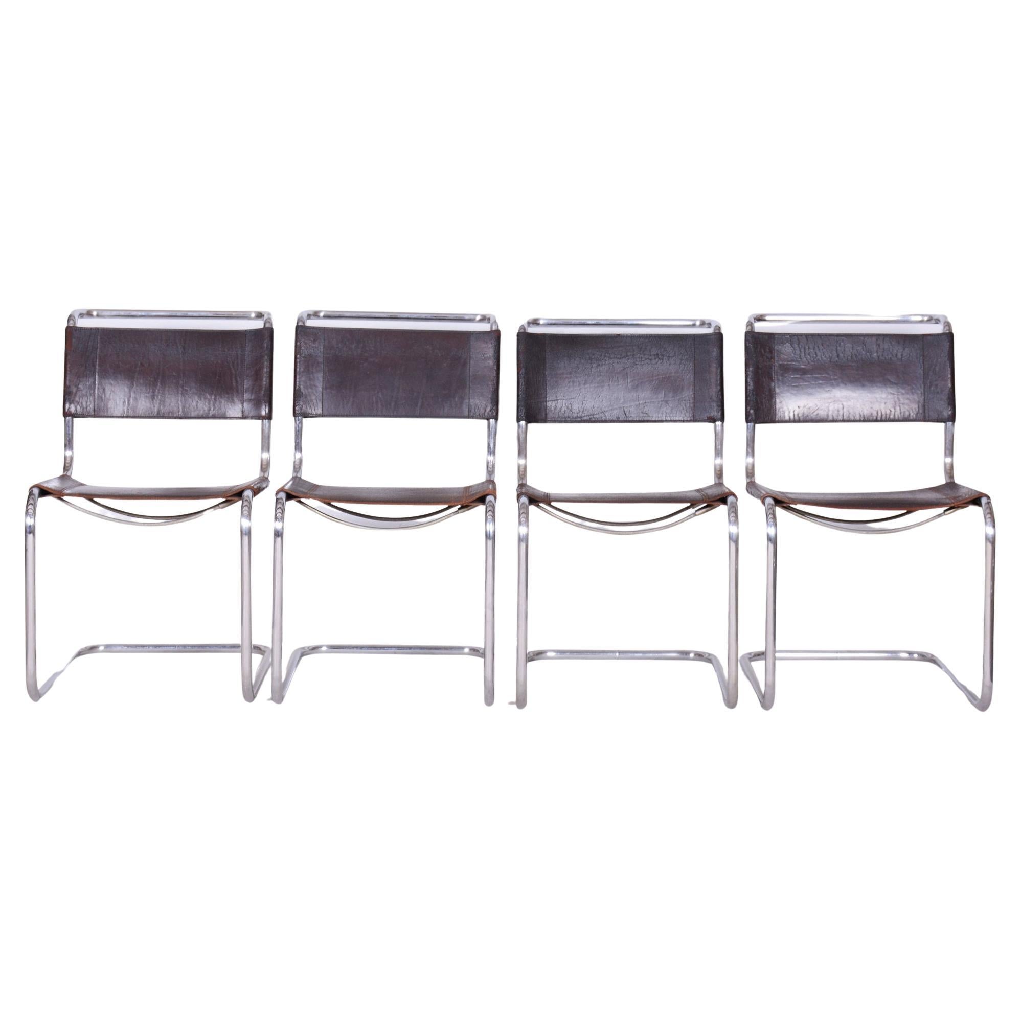 Ensemble de quatre chaises Bauhaus originales, cuir véritable, chrome, Allemagne, années 1930