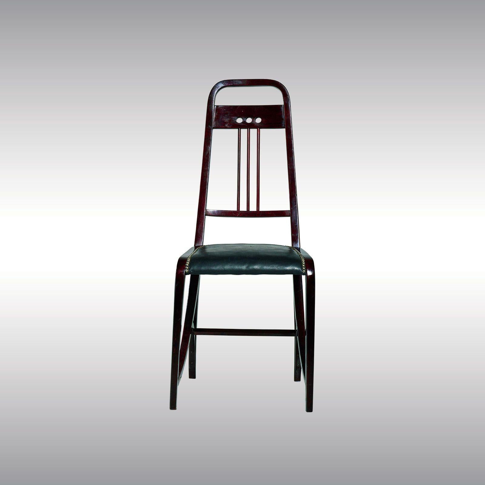 Four legged construction, square bentwood, beechwood stained mahogany, renovated cover and decorative nails, height 105cm, width 43cm, depth 60cm. Renovated condition with signs of age and use