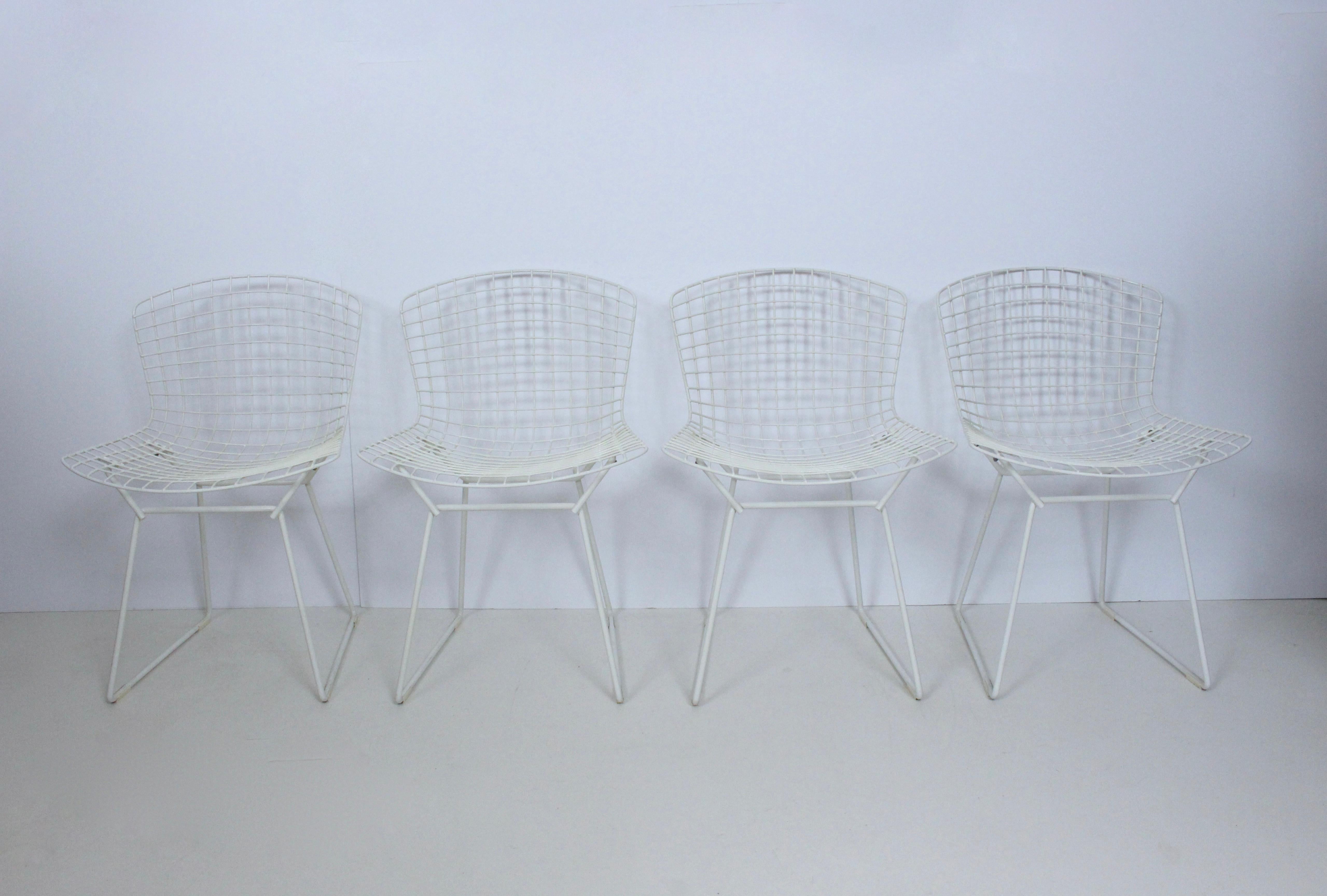 Mid-Century Modern Set of Four Original Harry Bertoia for Knoll White Wire Side Chairs, 1960's