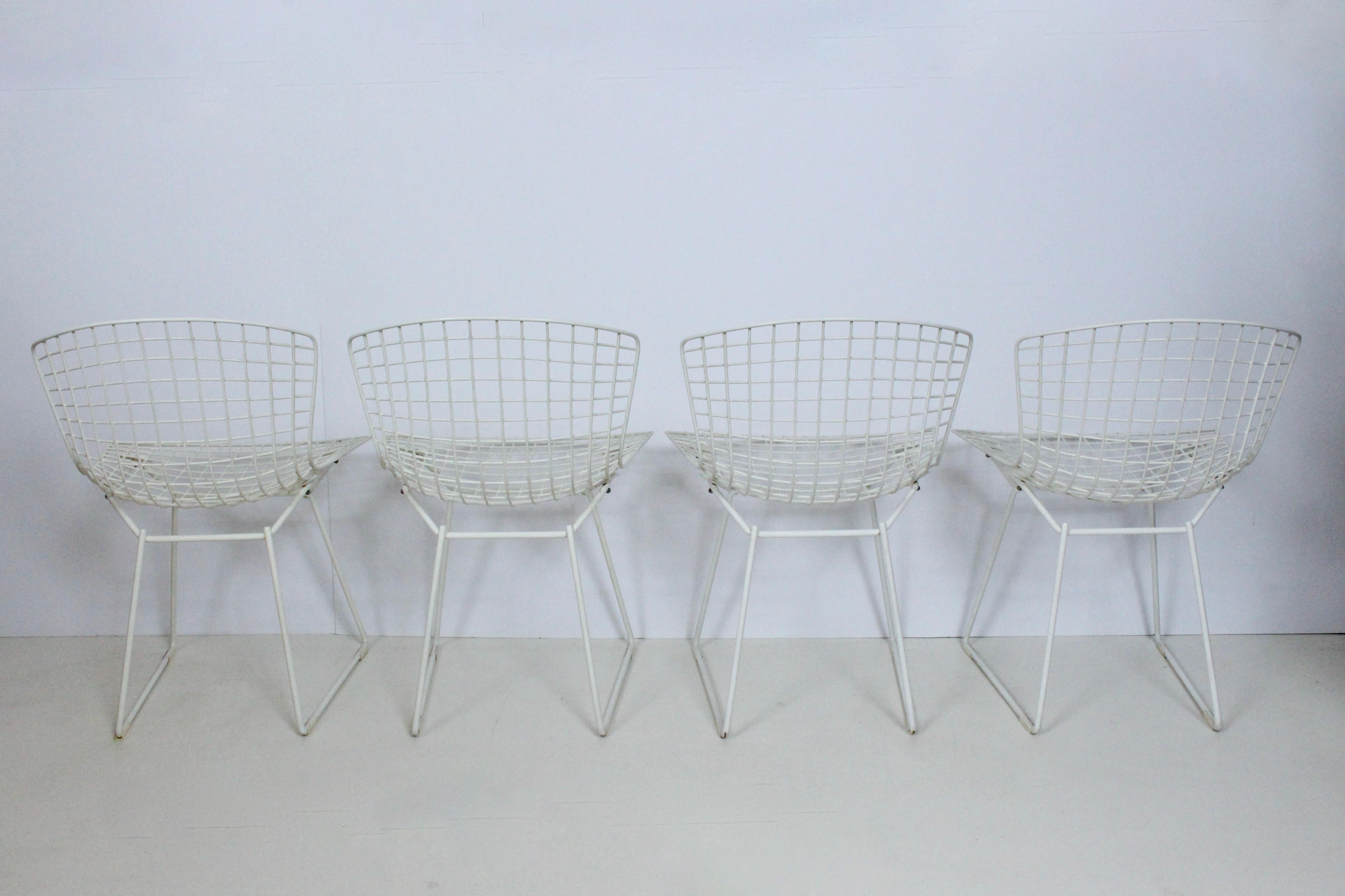 American Set of Four Original Harry Bertoia for Knoll White Wire Side Chairs, 1960's