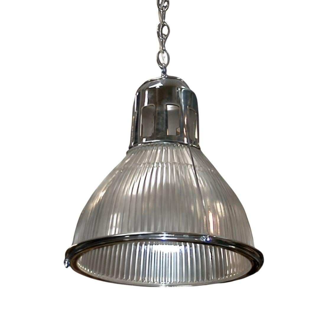American Set of Four Original Holophane Nickel & Glass Pendant Lights, U.S.A. c. 1920s For Sale