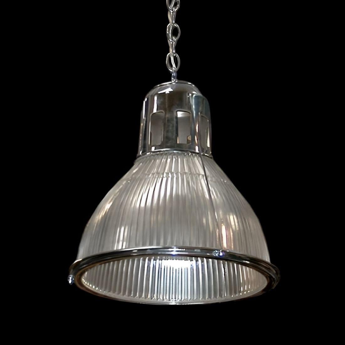 Set of Four Original Holophane Nickel & Glass Pendant Lights, U.S.A. c. 1920s In Good Condition For Sale In Los Angeles, CA