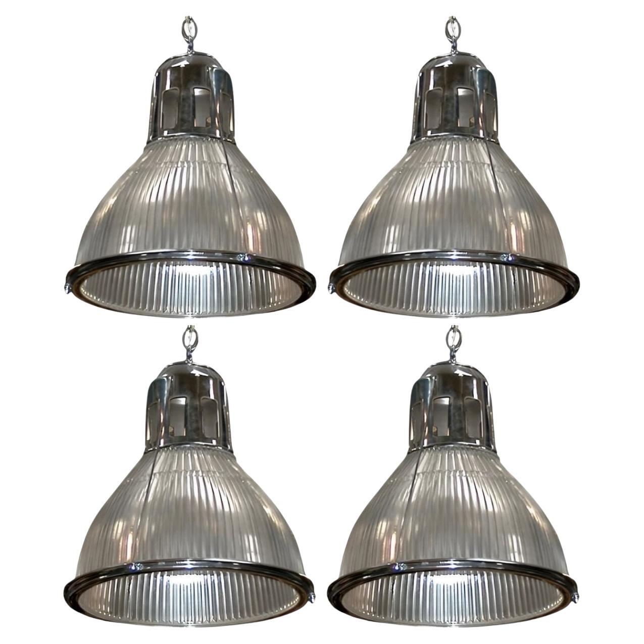 Set of Four Original Holophane Nickel & Glass Pendant Lights, U.S.A. c. 1920s