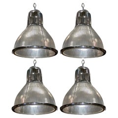 Antique Set of Four Original Holophane Nickel & Glass Pendant Lights, U.S.A. c. 1920s