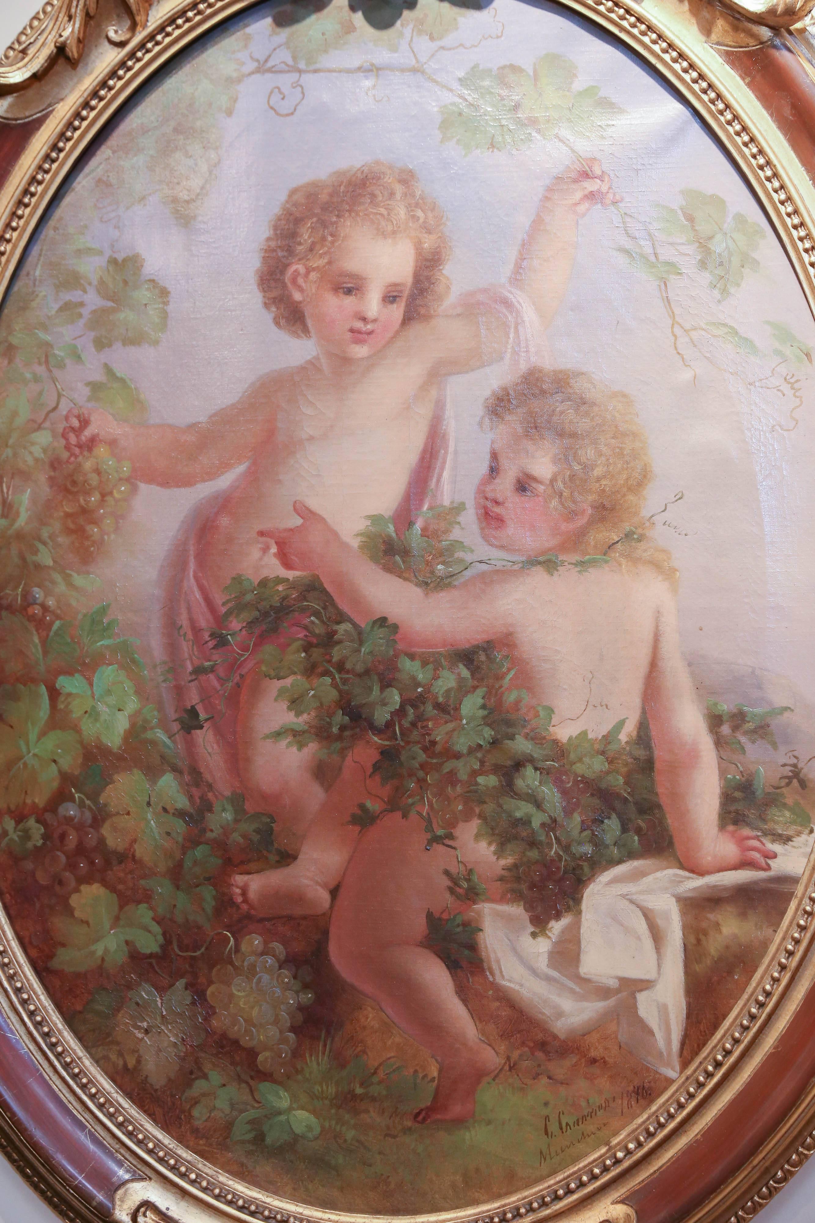 Four gilt wood and painted oval framed oil  paintings depicting putti at play and work depicting the four seasons. A cartouche 
Is centered at the crest of each painting.
Each in one of the seasons. Lovely colors and beautiful faces
All different