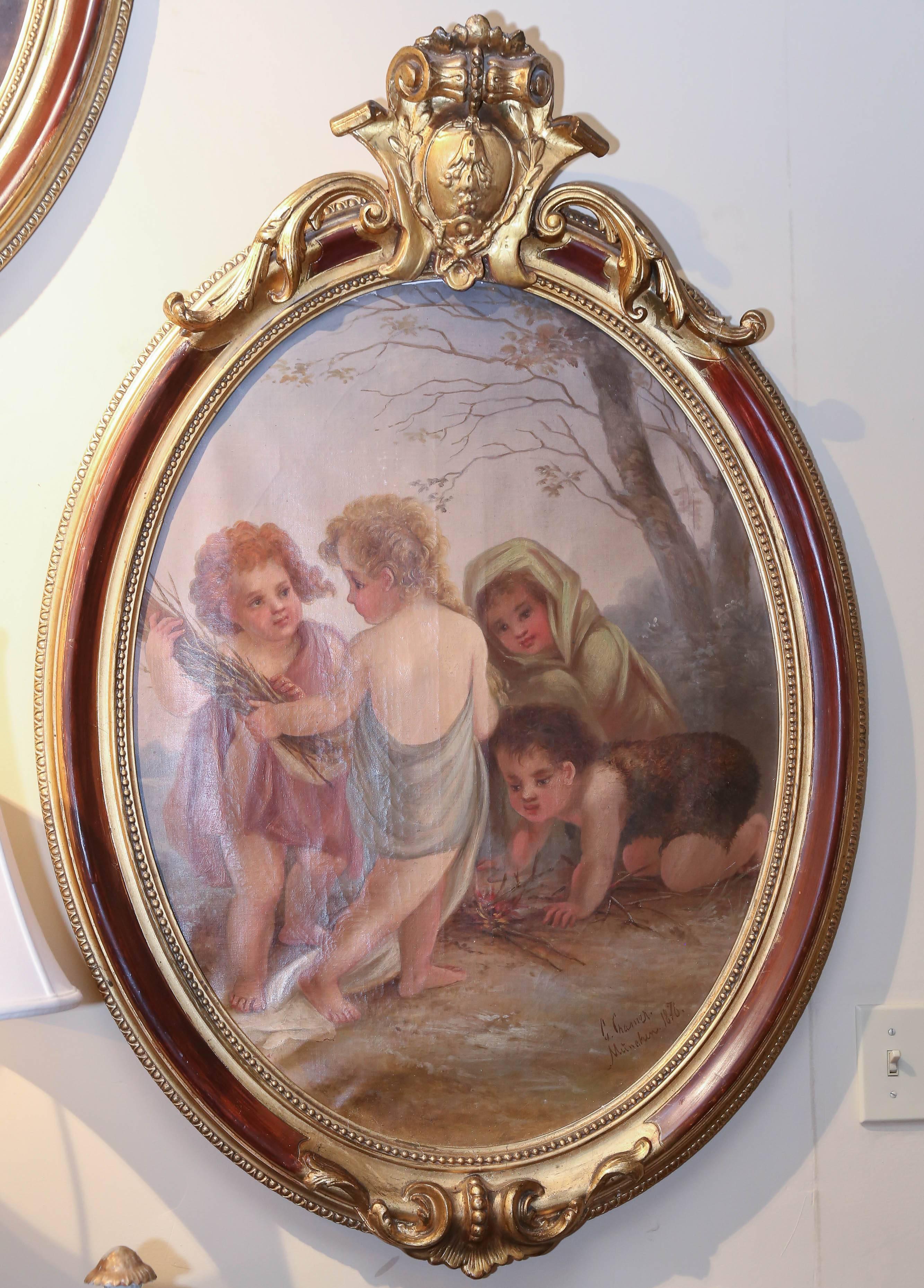 Hand-Painted Suite of Four Oval oil Paintings Depicting Cherubs  “The Four Seasons” C. Cramer
