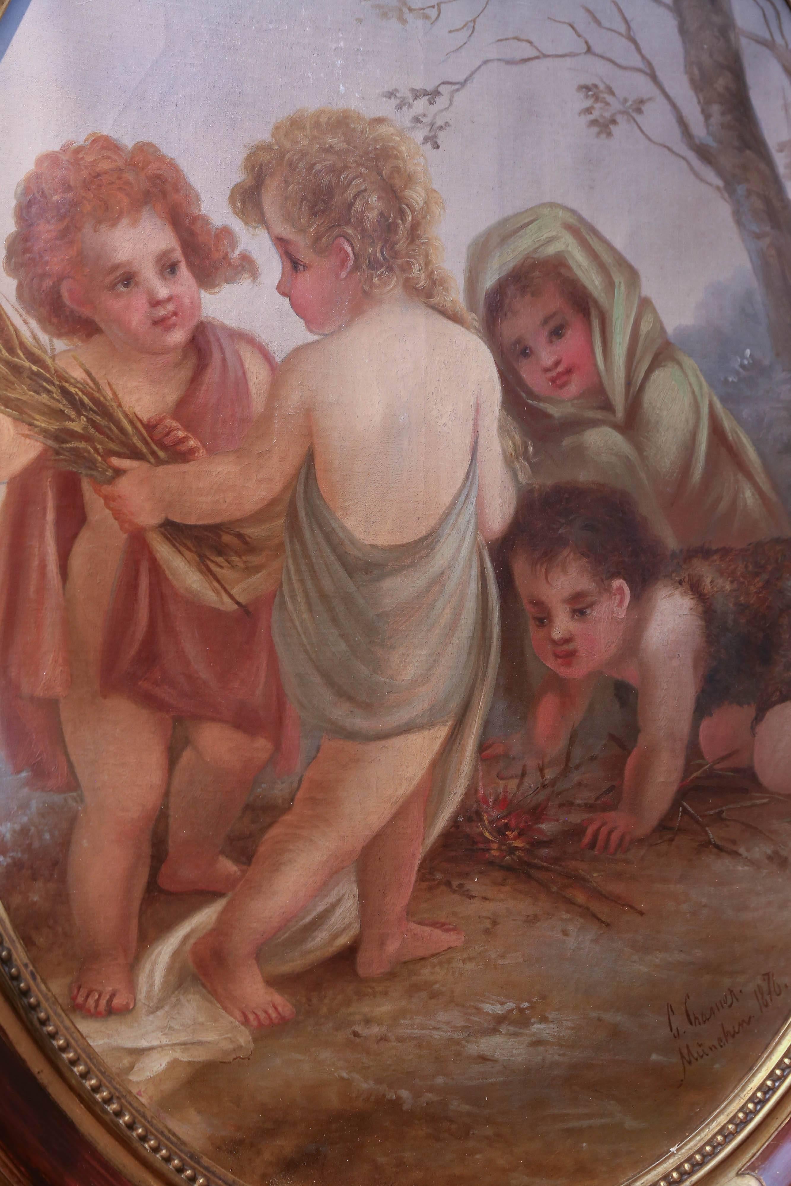 Suite of Four Oval oil Paintings Depicting Cherubs  “The Four Seasons” C. Cramer In Good Condition In Houston, TX