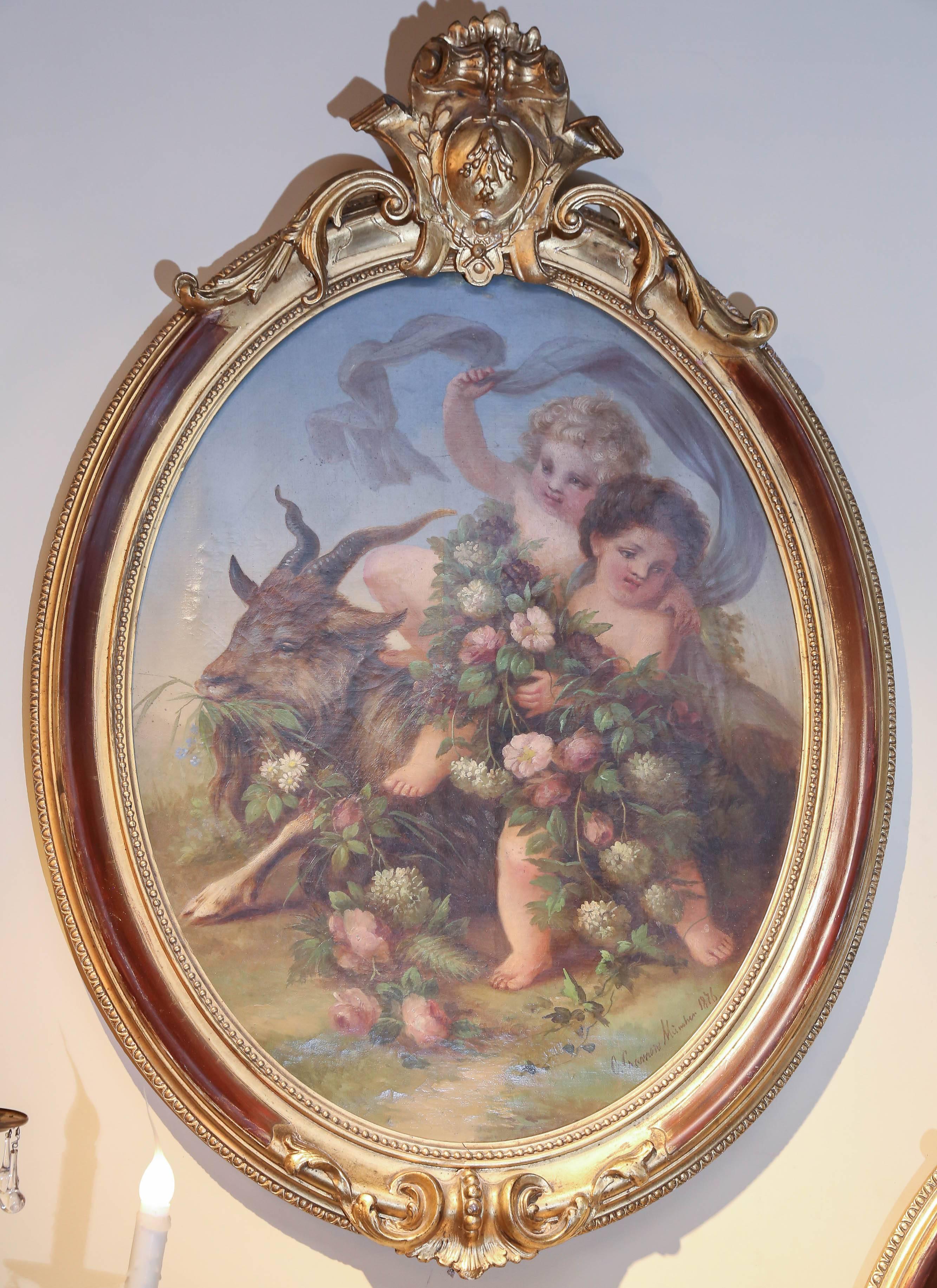 Toile Suite de quatre peintures à l'huile ovales représentant des chérubins  Les quatre saisons C. Cramer