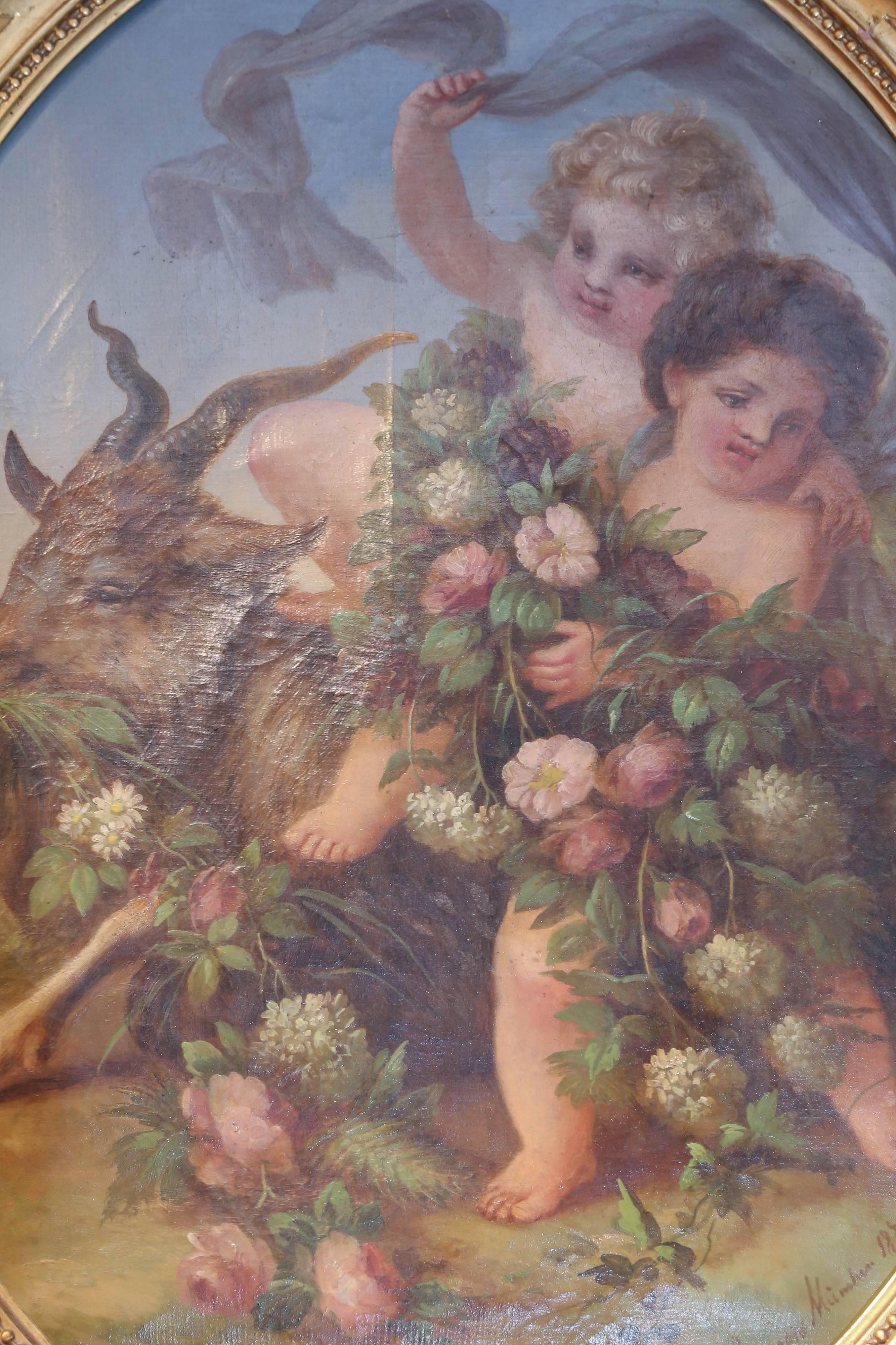 Canvas Suite of Four Oval oil Paintings Depicting Cherubs  “The Four Seasons” C. Cramer