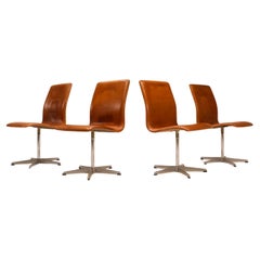 Vintage Set of Four Oxford Swivel Chairs in Brown Leather by Arne Jacobsen, design 1965 