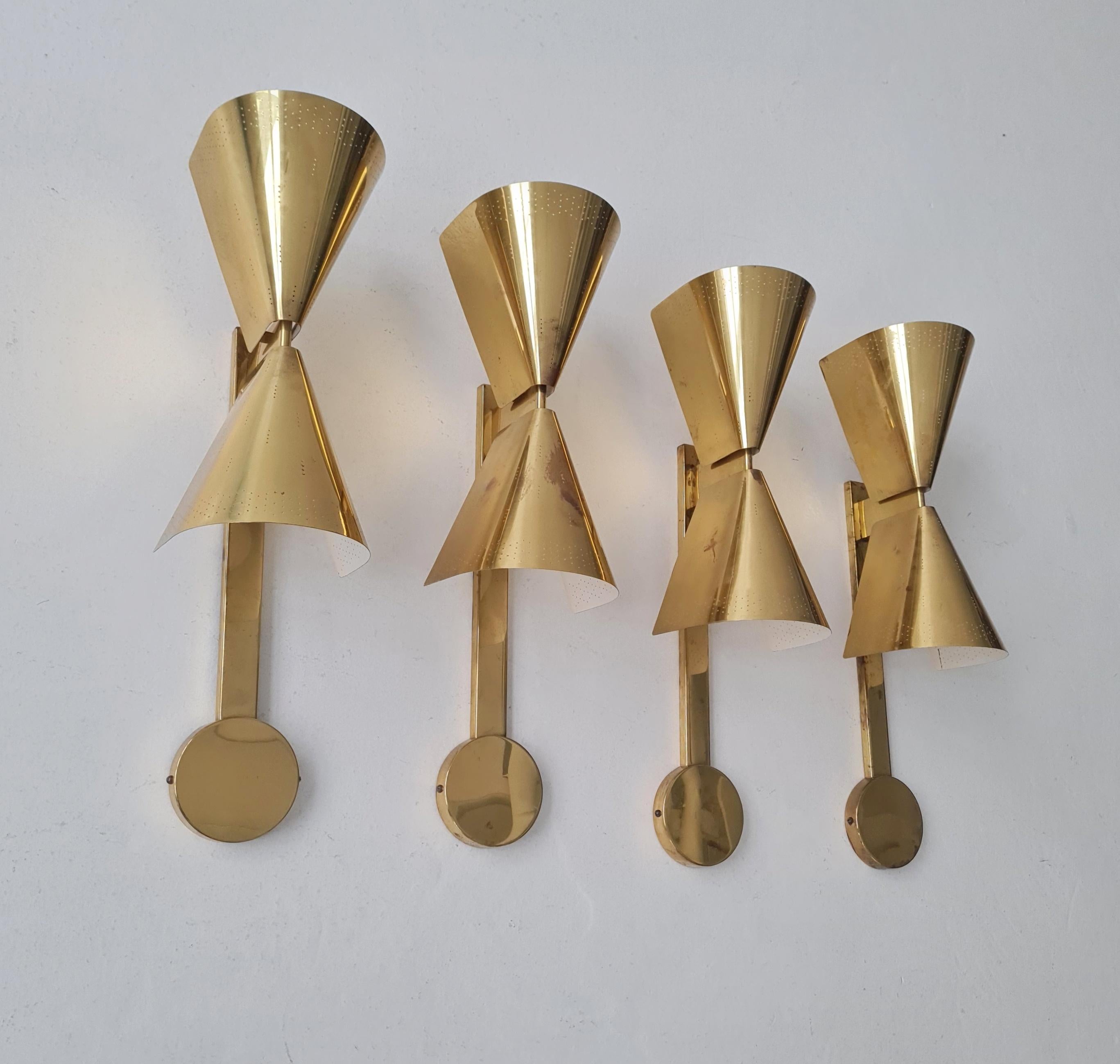 Mid-20th Century Set of Four Paavo Tynell Commissioned Scones in Perforated Brass, Taito, 1950s For Sale