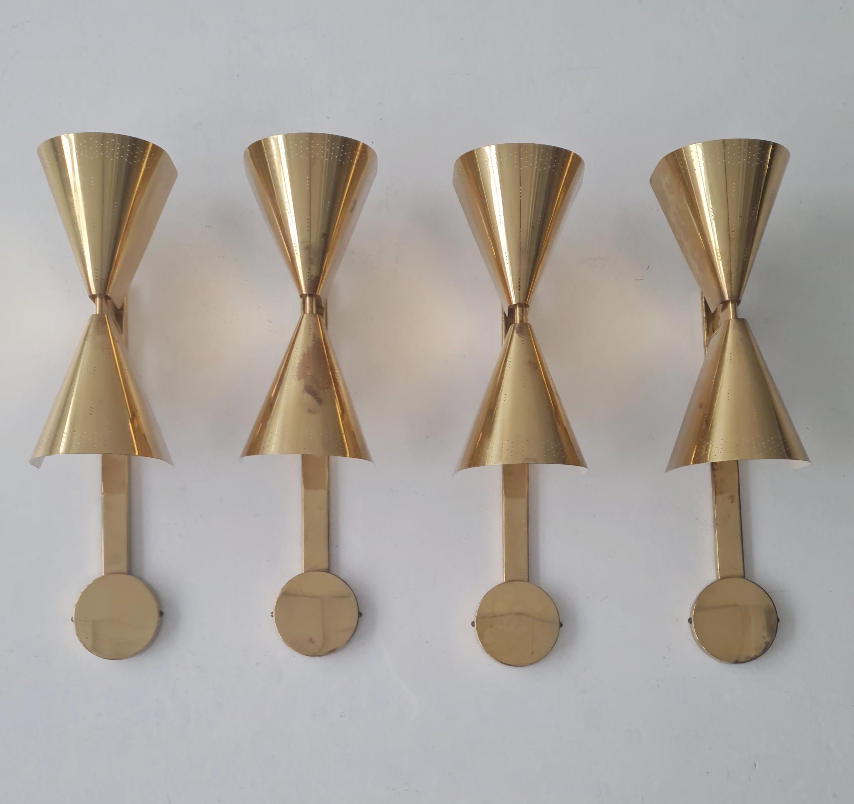 Set of Four Paavo Tynell Commissioned Scones in Perforated Brass, Taito, 1950s For Sale 1