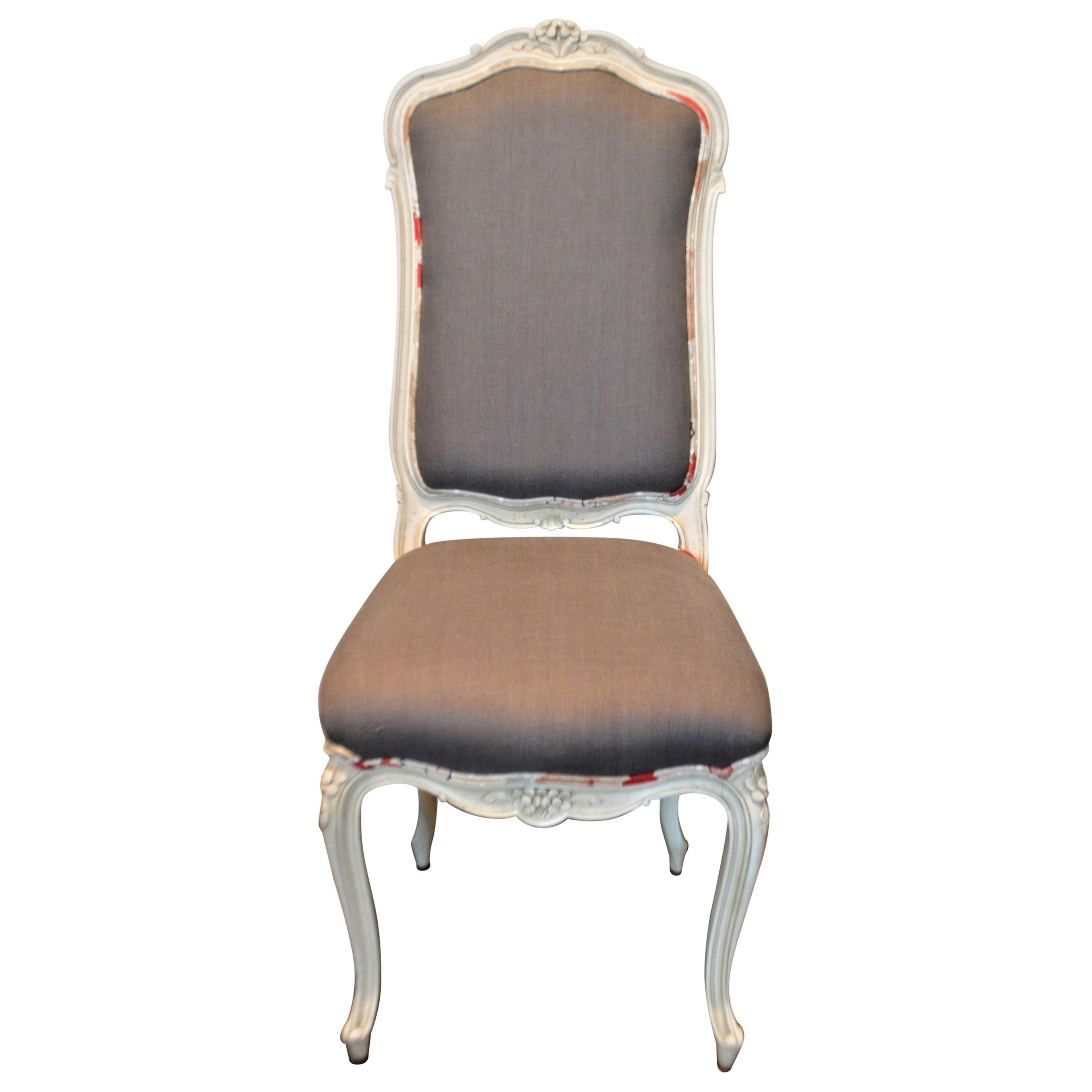 Set of Four Painted Dining Chairs, Hand Carved, Painted, Upholstered in Linen For Sale