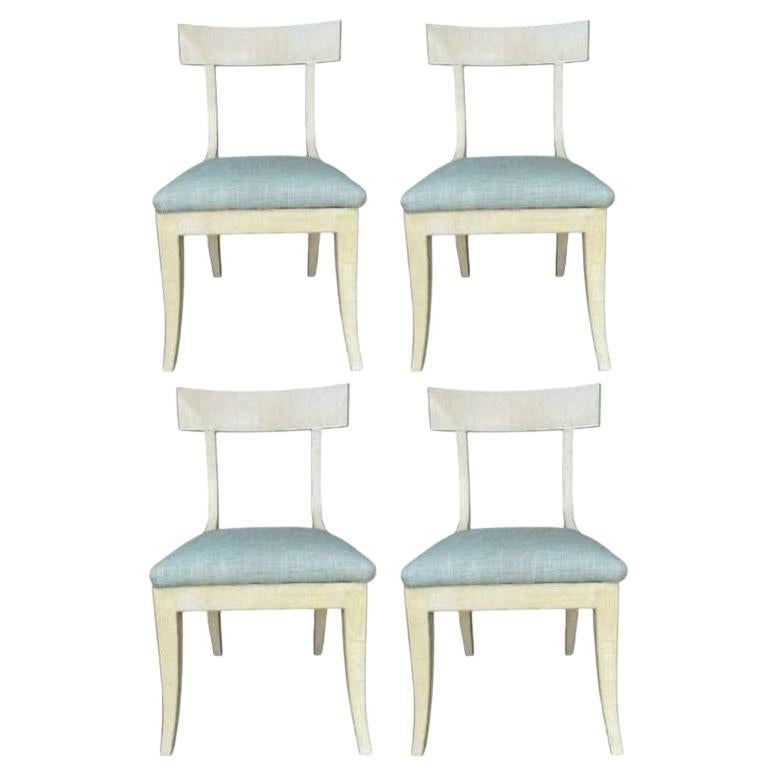 Set of Four Painted Klismos Niermann Weeks Dining Chairs with Blue Upholstery
