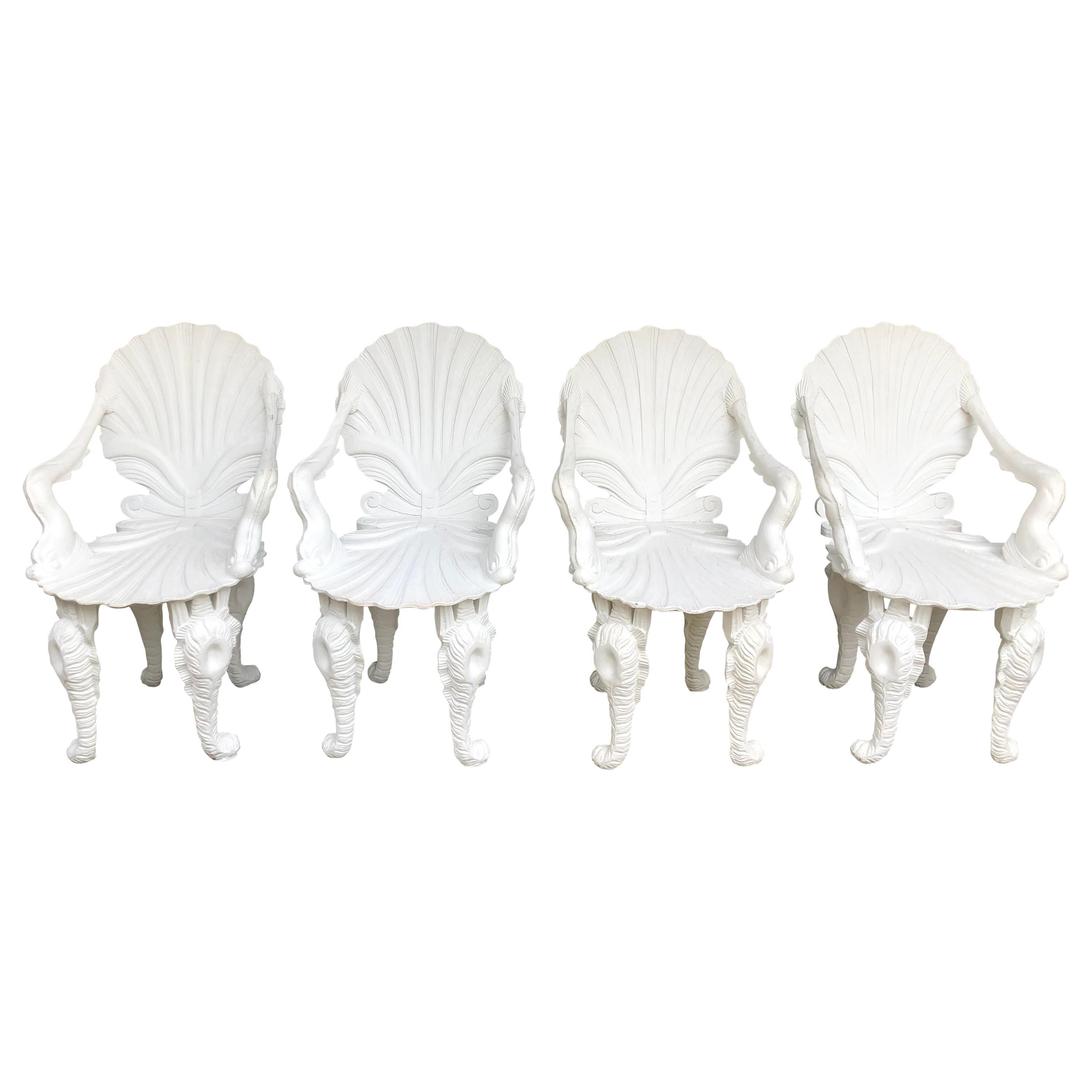 Pair of White Carved Wood Grotto Armchairs