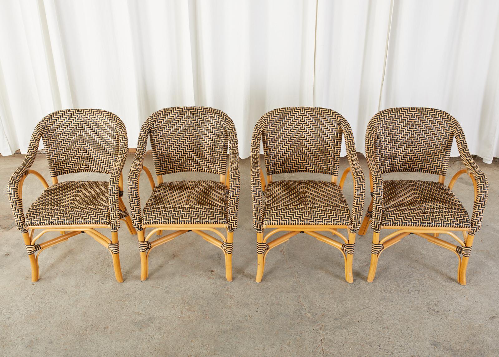 Hand-Crafted Set of Four Palecek Bamboo Rattan Dining Armchairs