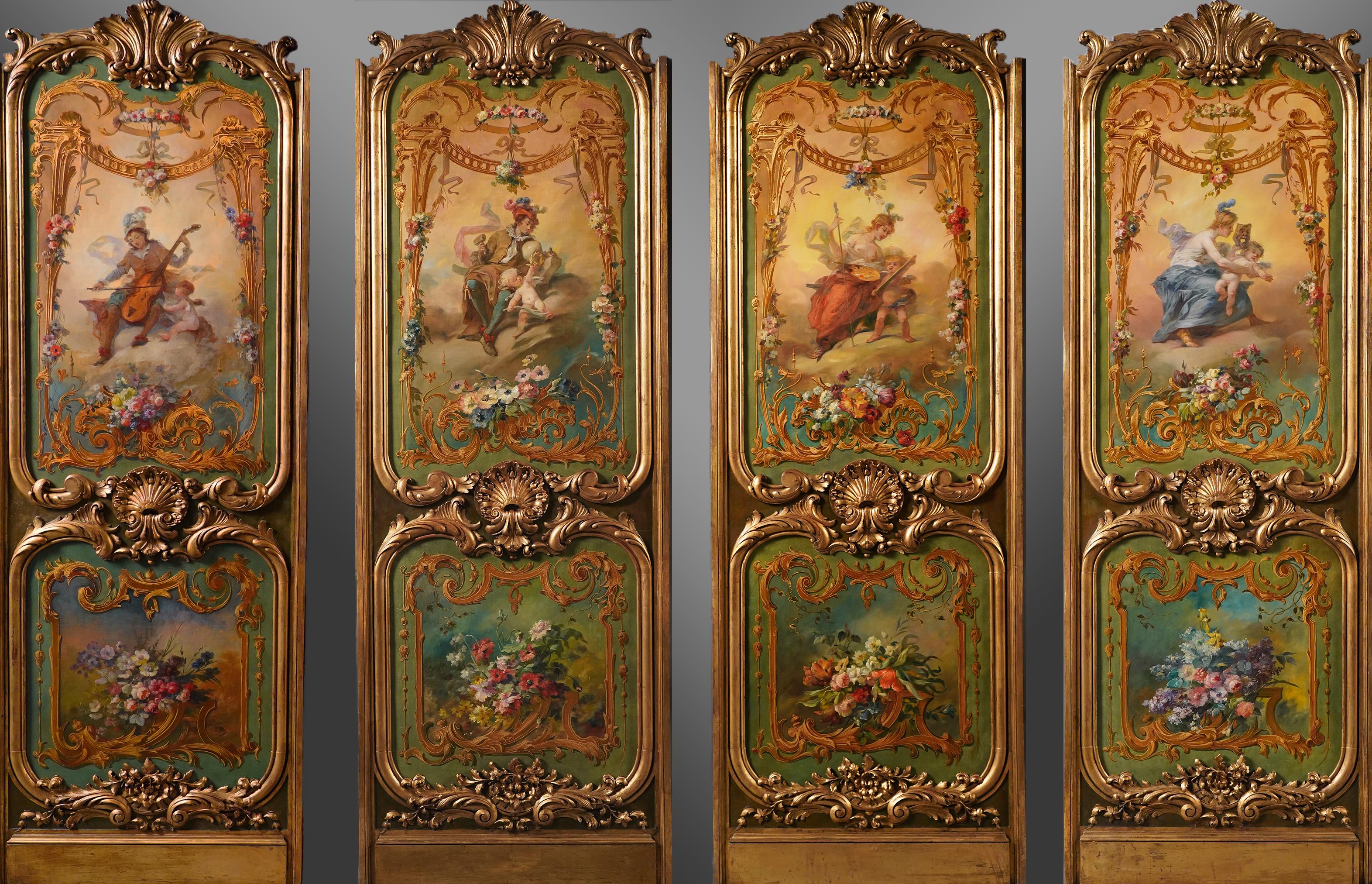 Set of Four Panels Decorated with Allegories of Arts
France
Circa 1865
Height. : 180 cm (70,9 in.) ; Width : 63,5 cm (25 in.) ; Depth : 12 cm (4,7 in.)
Set of four large painted panels, in carved and gilded wood. The upper part of each panel is