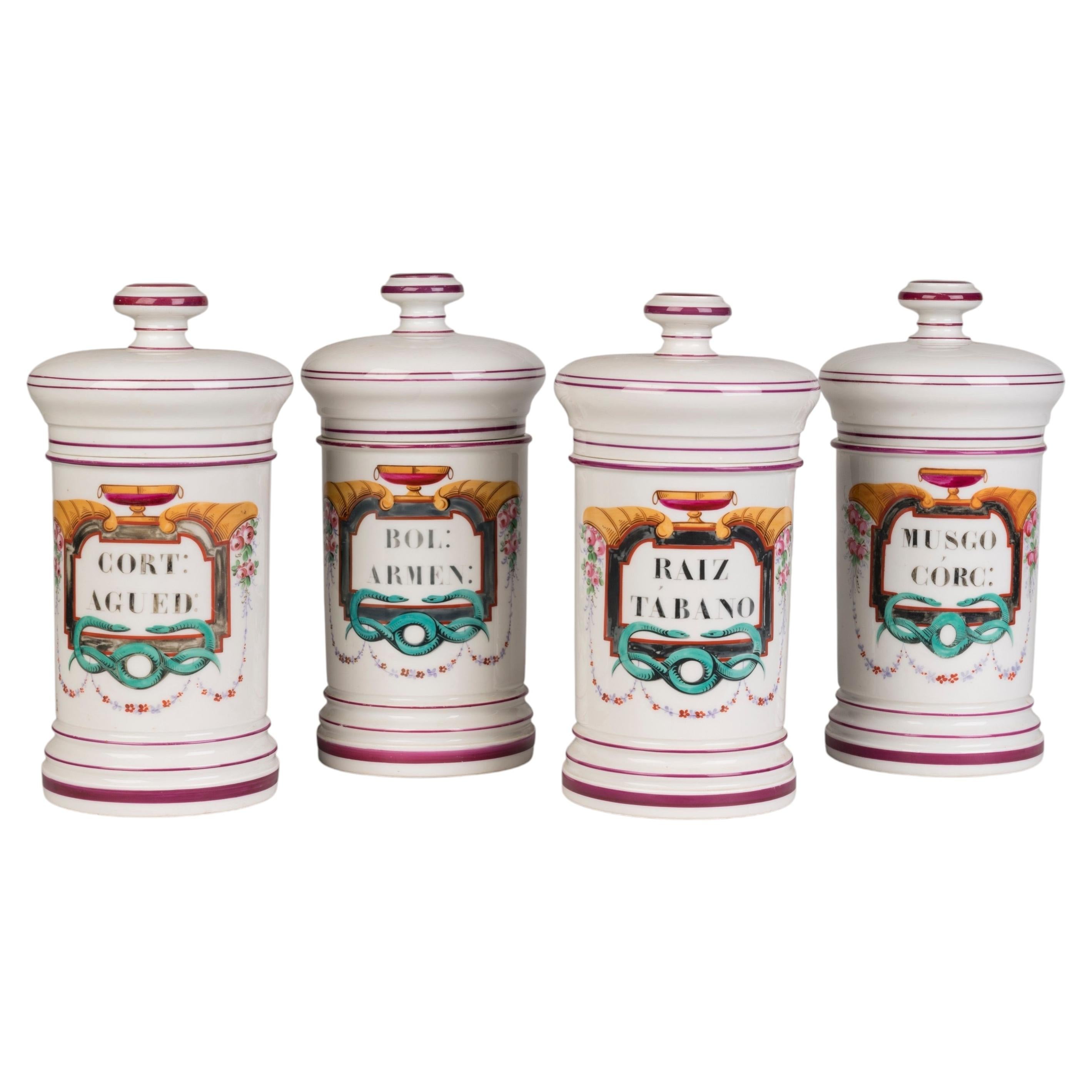 Set di quattro vasi da farmacia in porcellana di Parigi della Maison Collin, circa 1860
