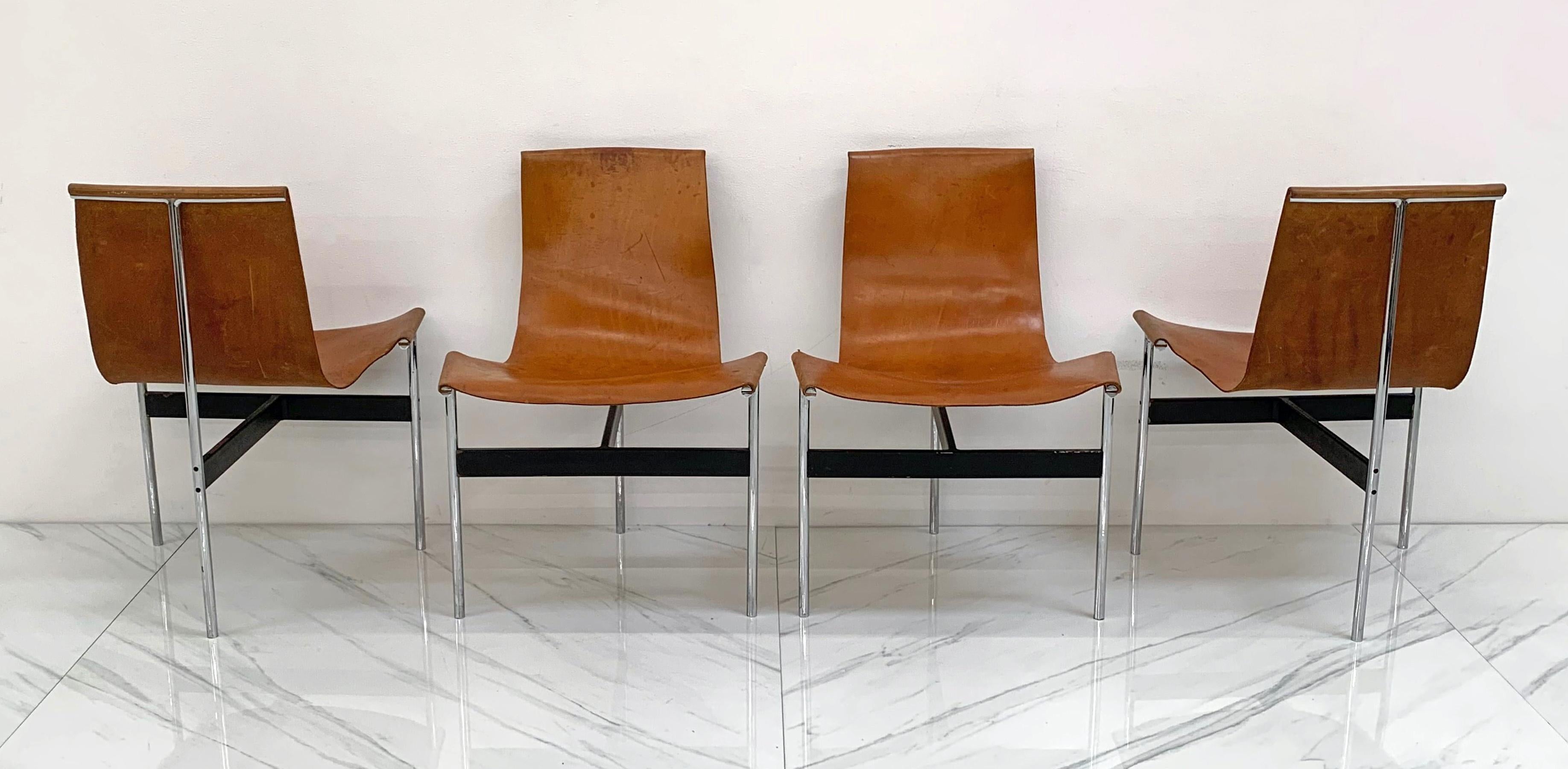 Set of Four Patinated Cognac Leather T Chairs, Katavolos & Littell & Kelley 7