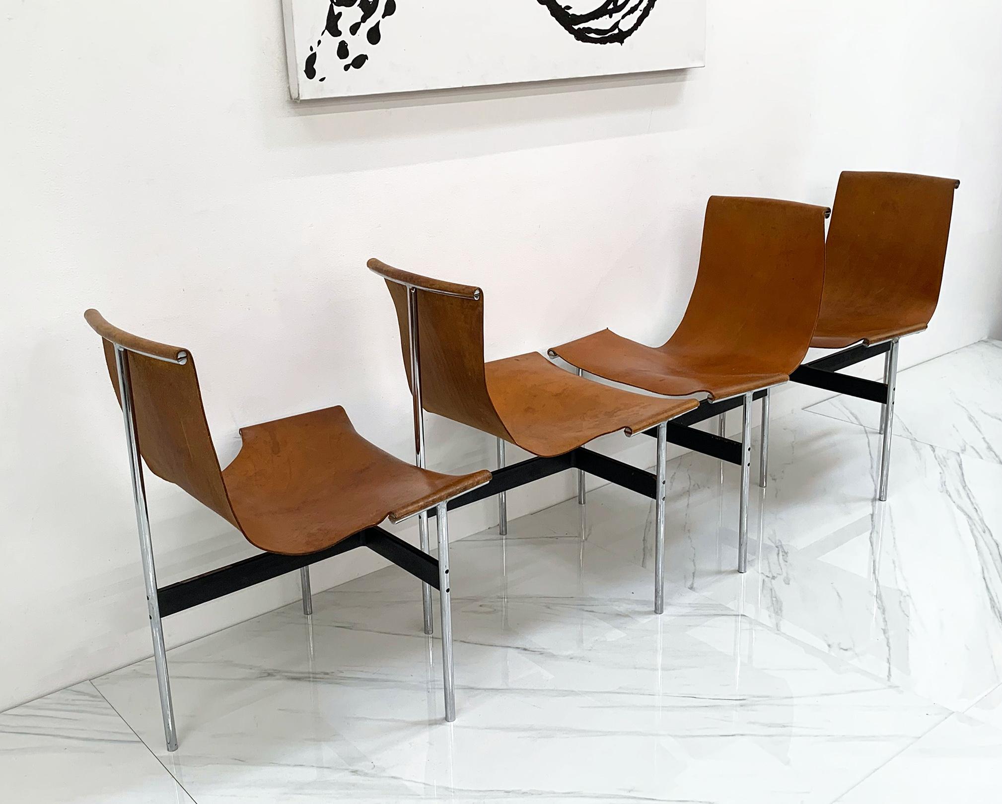 Set of Four Patinated Cognac Leather T Chairs, Katavolos & Littell & Kelley In Distressed Condition In Culver City, CA