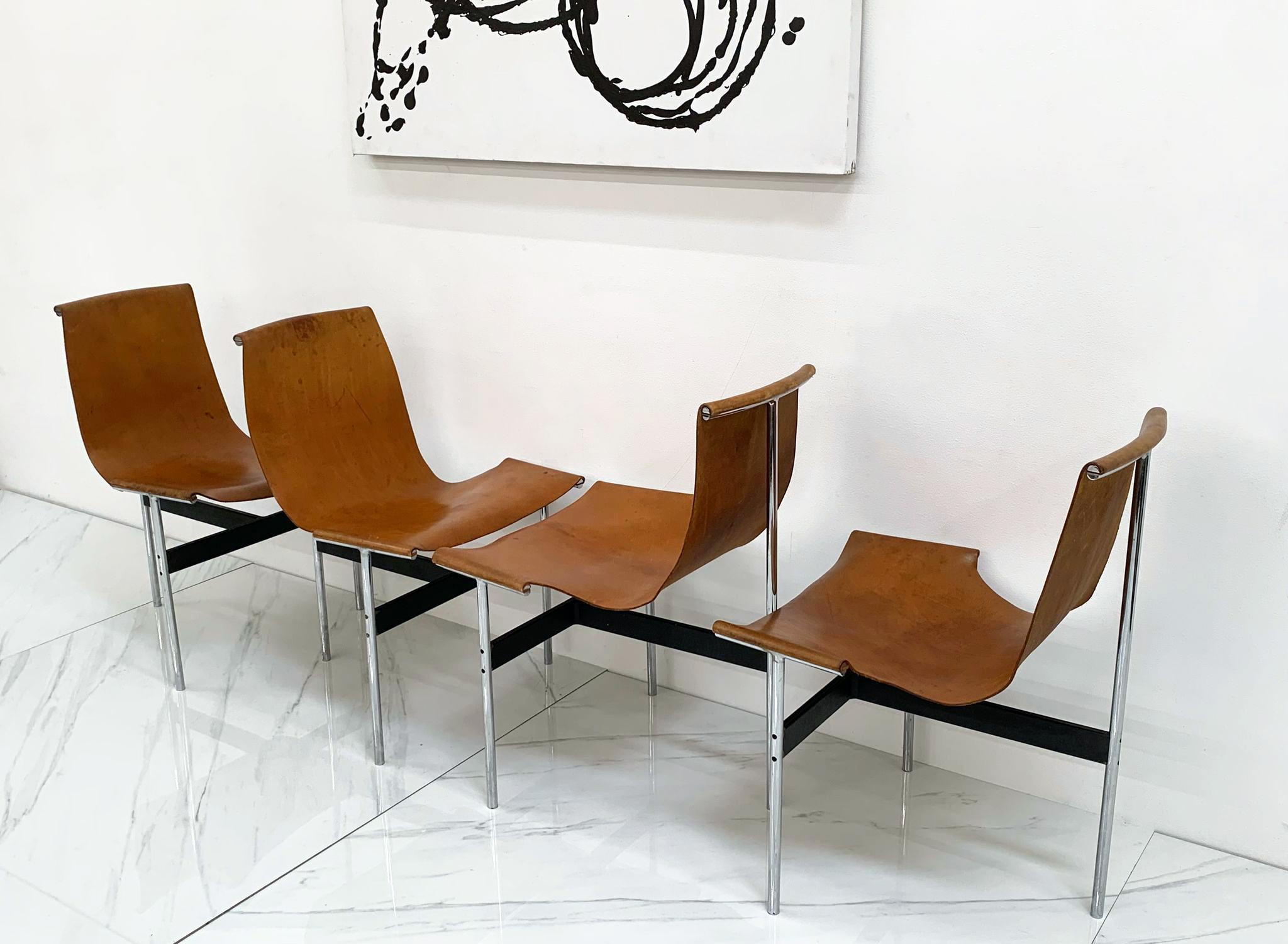 Mid-20th Century Set of Four Patinated Cognac Leather T Chairs, Katavolos & Littell & Kelley