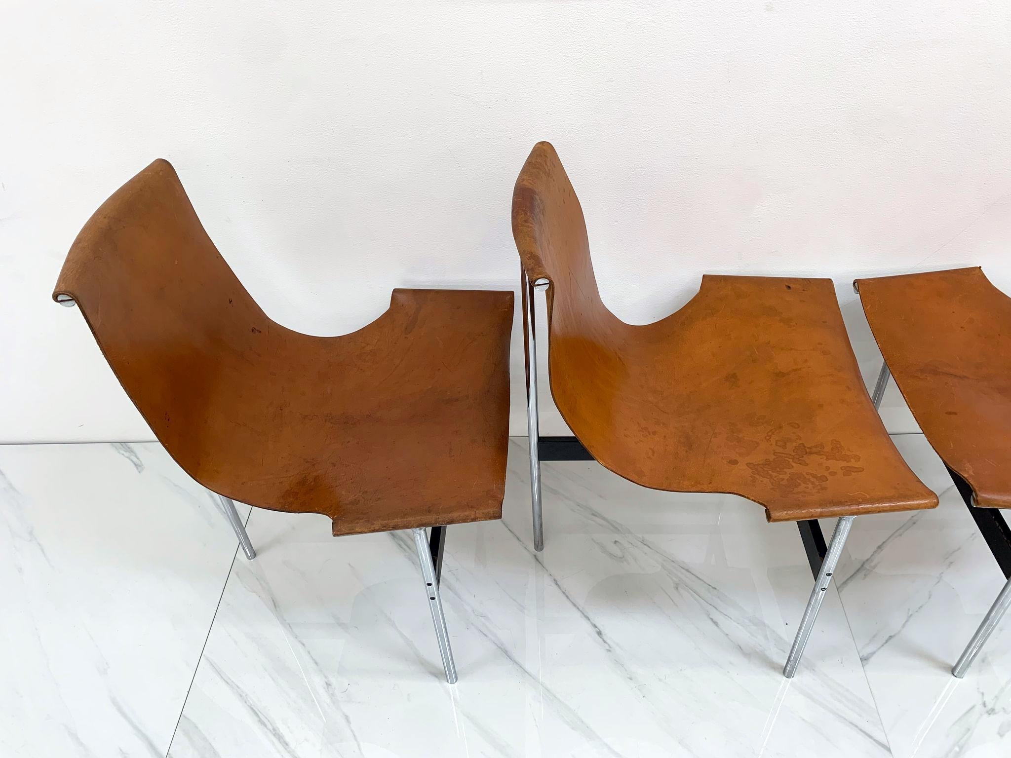 Steel Set of Four Patinated Cognac Leather T Chairs, Katavolos & Littell & Kelley