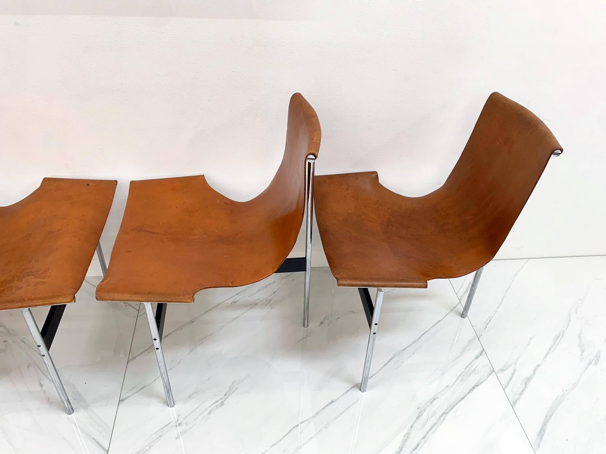 Set of Four Patinated Cognac Leather T Chairs, Katavolos & Littell & Kelley 1