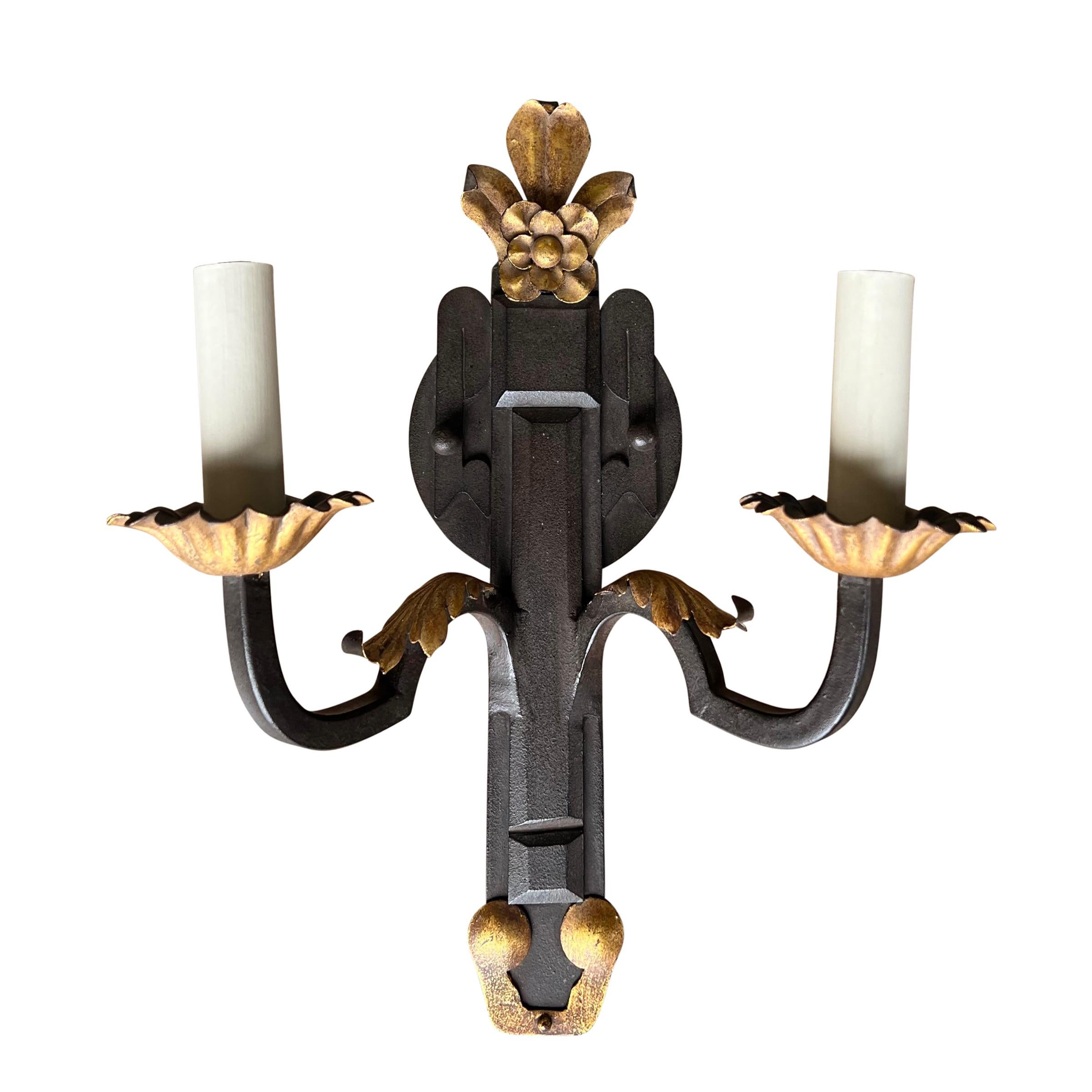 American Set of Four Paul Ferrante Wrought-Iron Two-Arm Sconces For Sale
