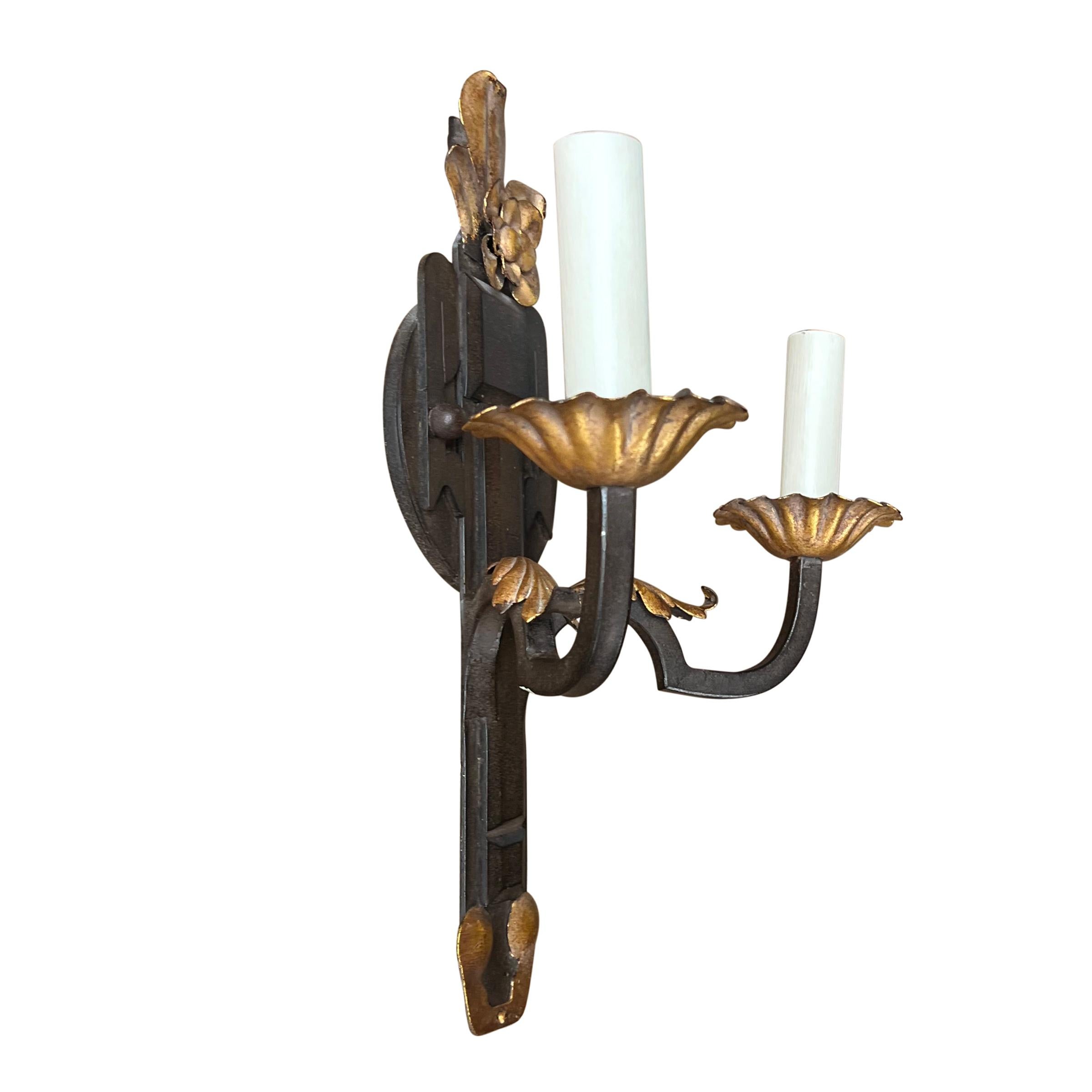 Set of Four Paul Ferrante Wrought-Iron Two-Arm Sconces In Good Condition For Sale In Chicago, IL