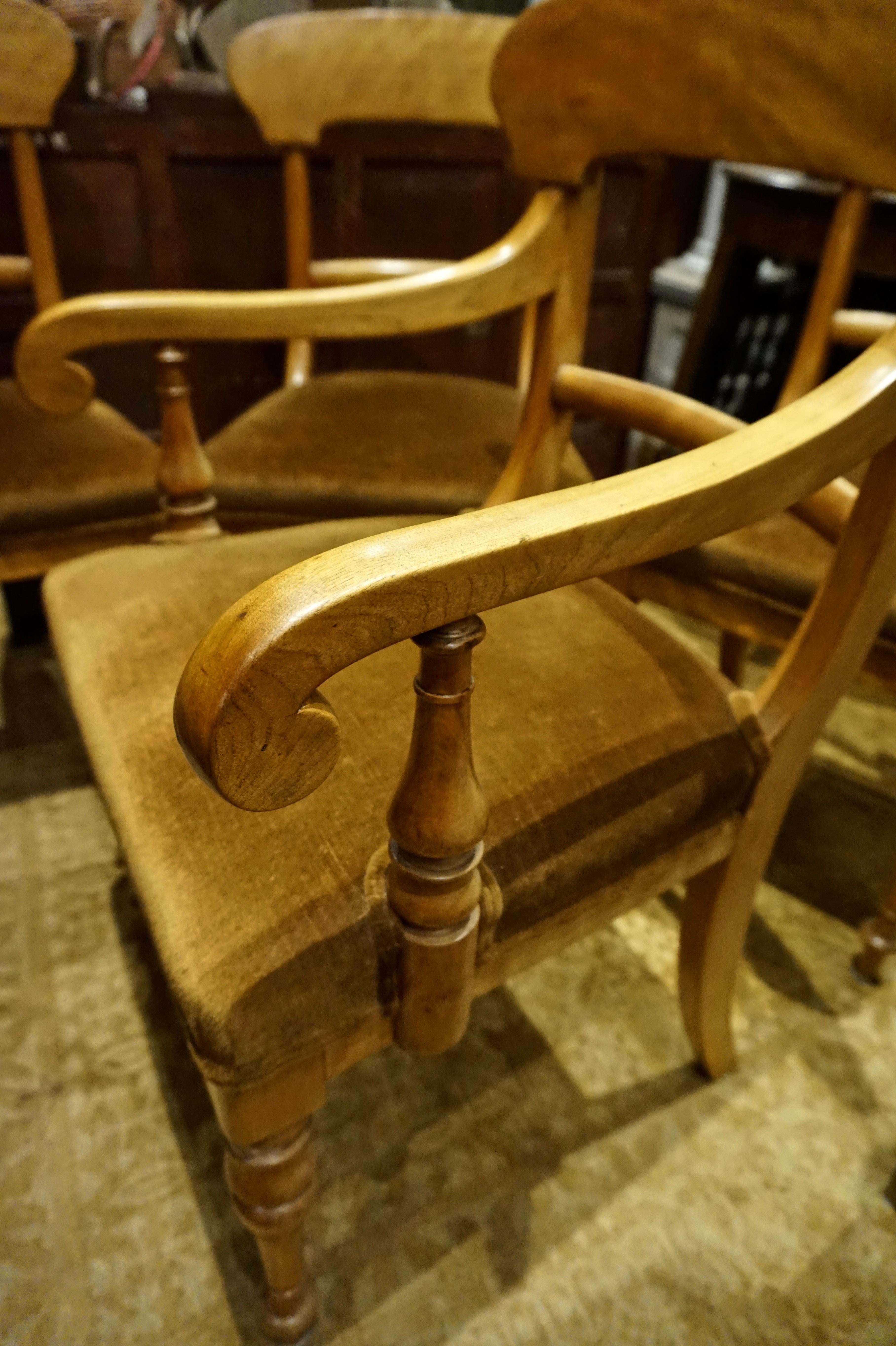 Set of four pearwood chairs from England with horsehair upholstery.
Original patina and vintage and tapering vase turned fore legs,
circa 1890s.
 