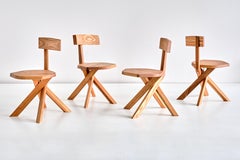 Set of Four Pierre Chapo S34 Dining Chairs in Solid Elm, Chapo Creation, France