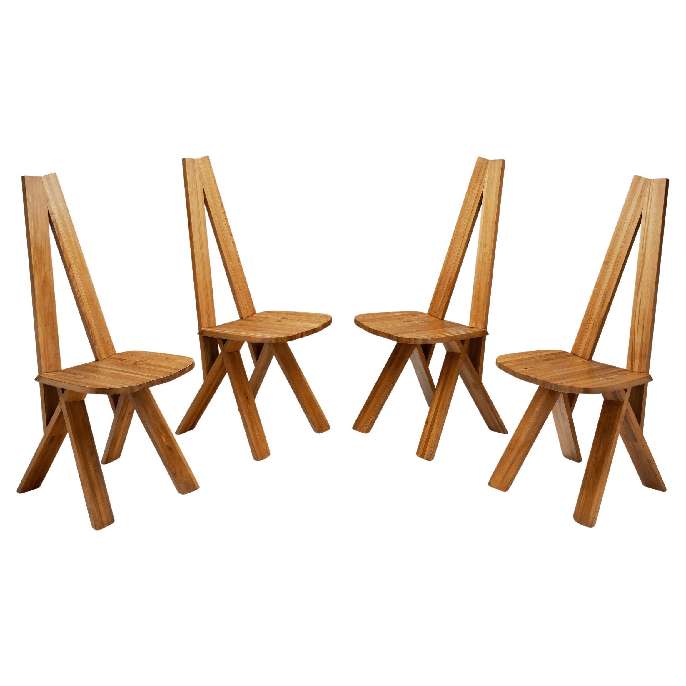 Set of Four Pierre Chapo "S45" Dining Chairs in Solid Elm, France 1970s