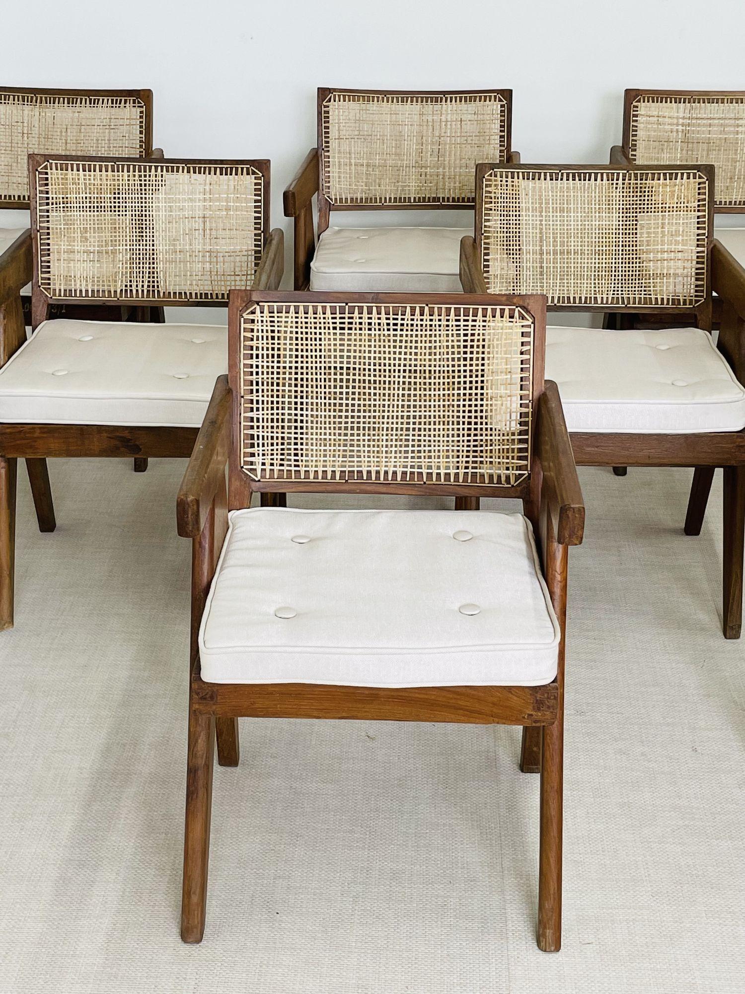 Pierre Jeanneret 'Office' Chairs, Model PJ-SI-28-B
 
Set of 3 fixed back arm chairs in teak and cane featuring a compass type double leg assembly while the backrest is slightly curved for added comfort. Each chair comes with a two inch new cream