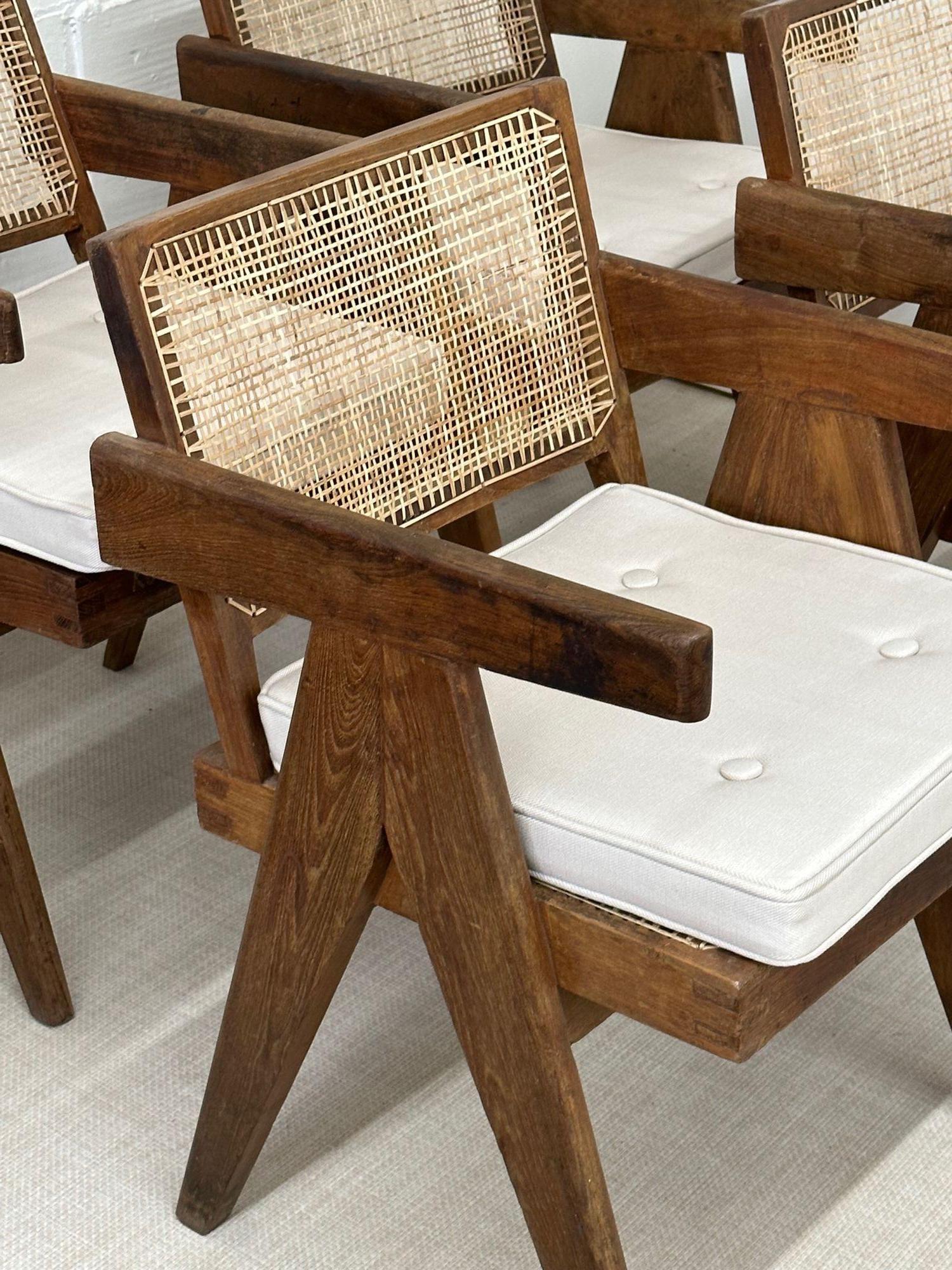 Linen Pierre Jeanneret, Mid-Century Modern, Dining Chairs, Teak, Cane, India, 1960s
