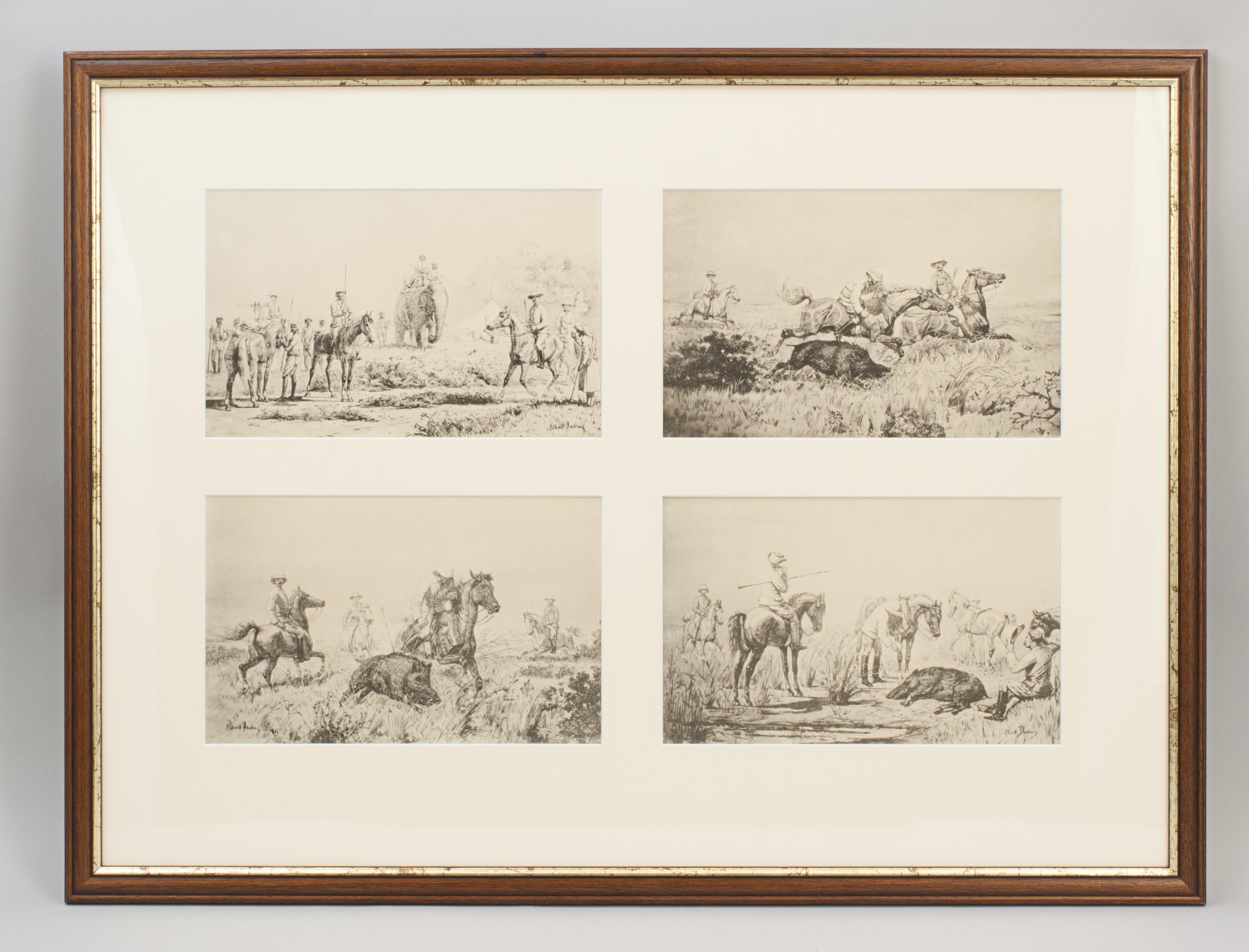 Set Of Four Pig Sticking Lithographs.
A very good, framed set of four pictures of an old and rare subject 'Pig Sticking'. The rare pictures are after Albert Dubus, The Meet, The Burst, The Spear and The Kill and each measure 15 ½ cm high by 25 cm